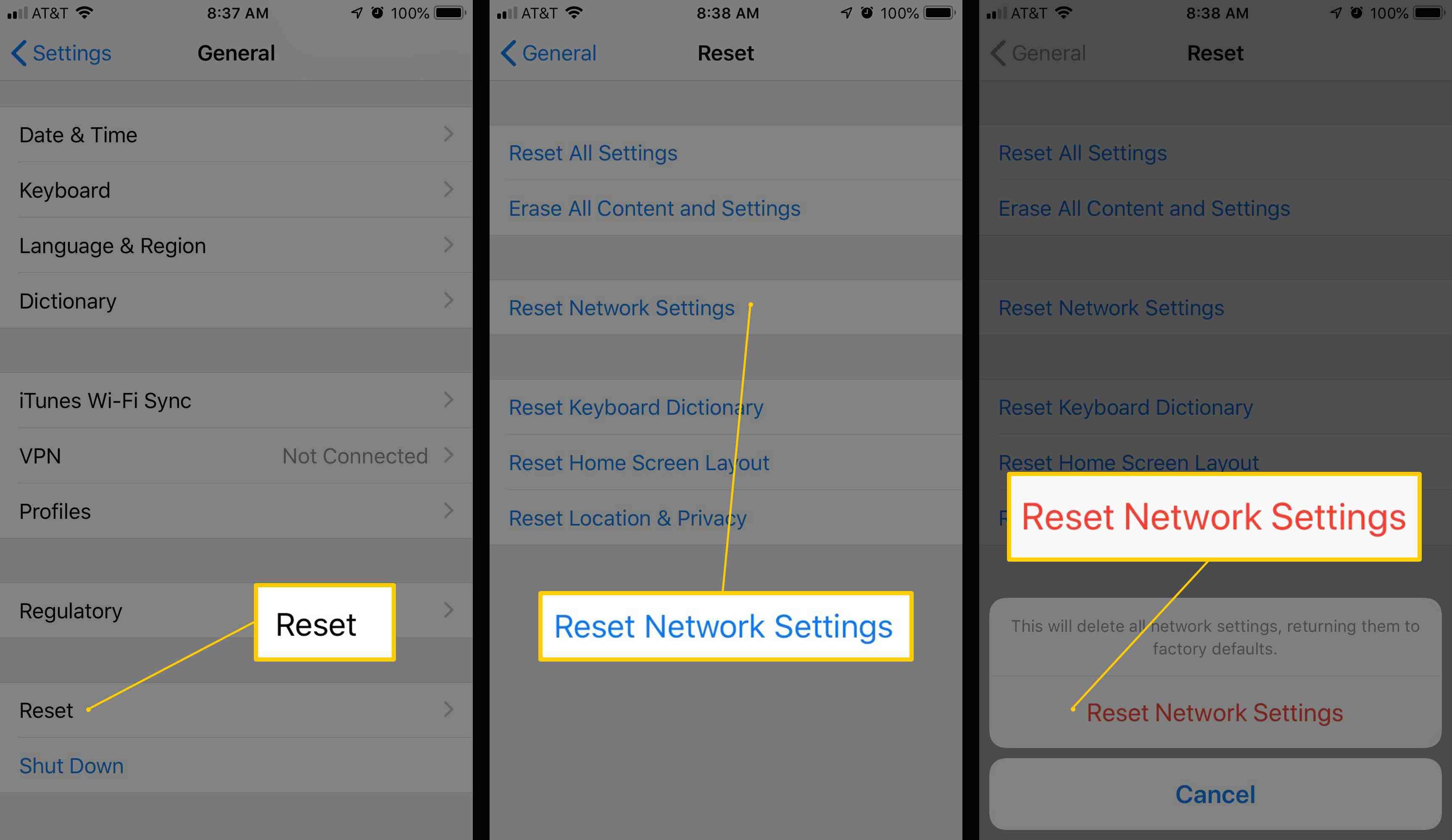 3 экрана iOS, на которых отображаются «Сброс», «Сброс настроек сети» и предупреждение «Сброс настроек сети»