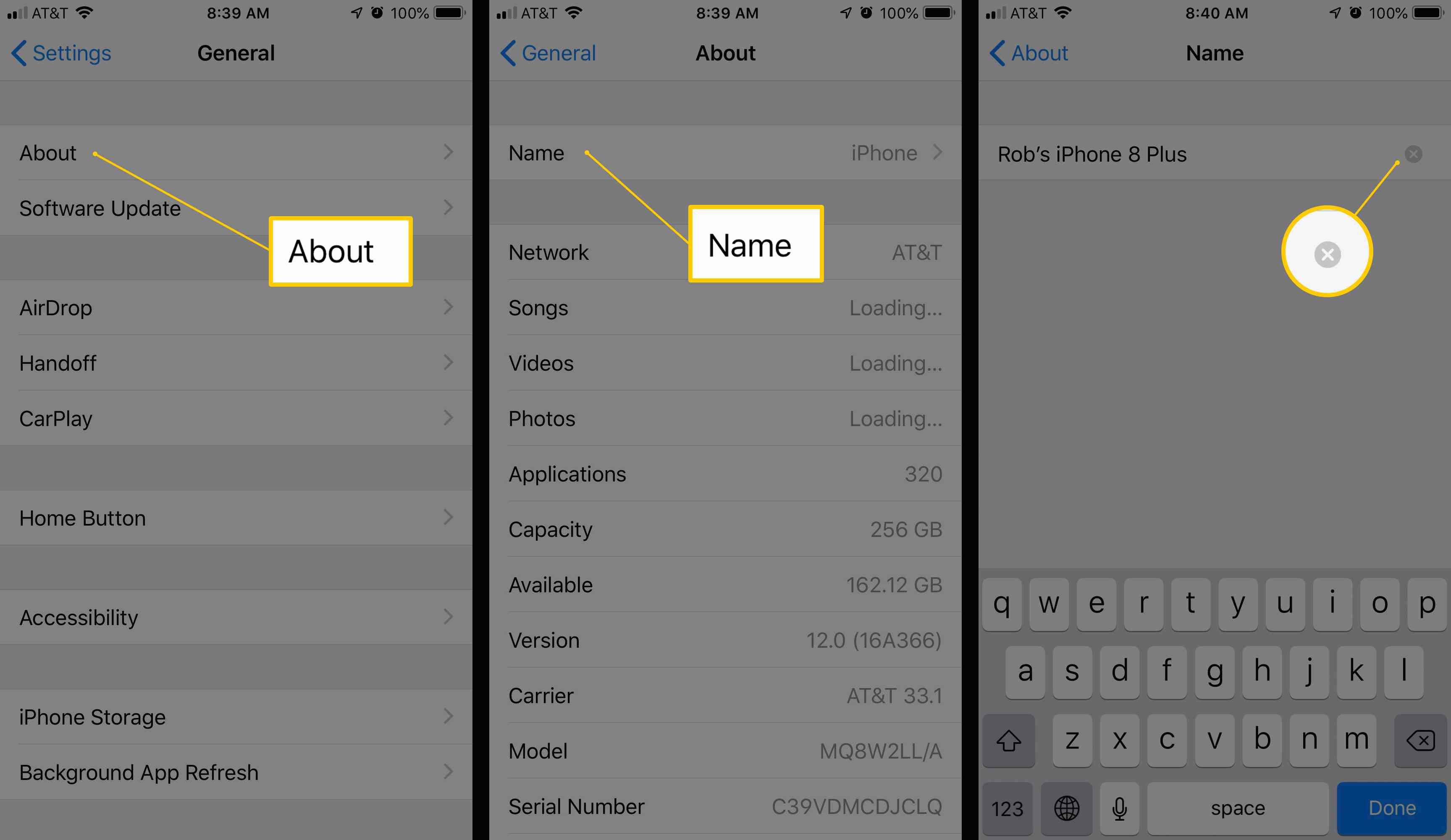 Три экрана iOS с кнопками «Общее», «О программе», «Имя» и «Удалить имя»