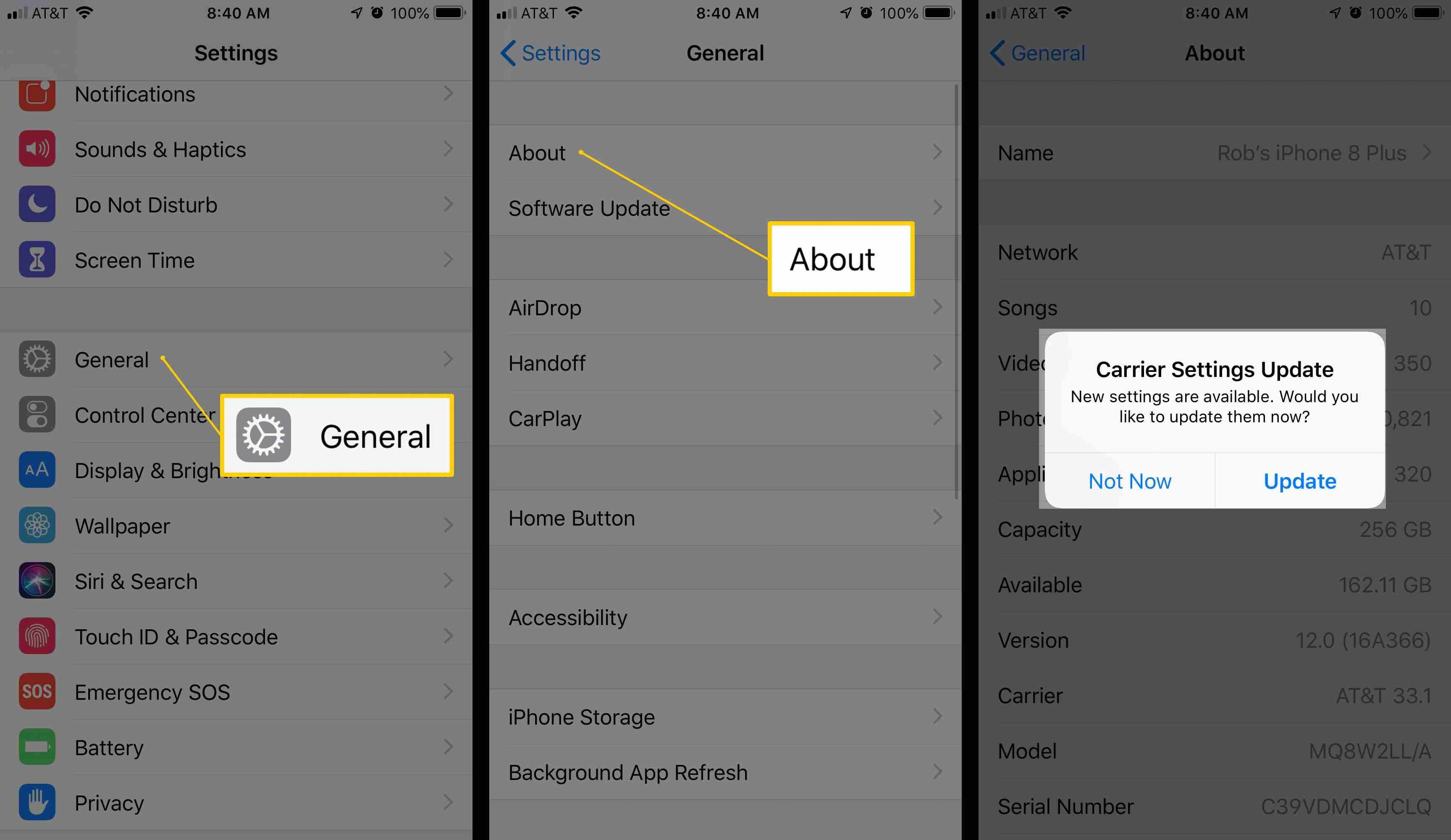 Три экрана iOS, на которых отображаются Общее, О программе и Обновление настроек оператора.