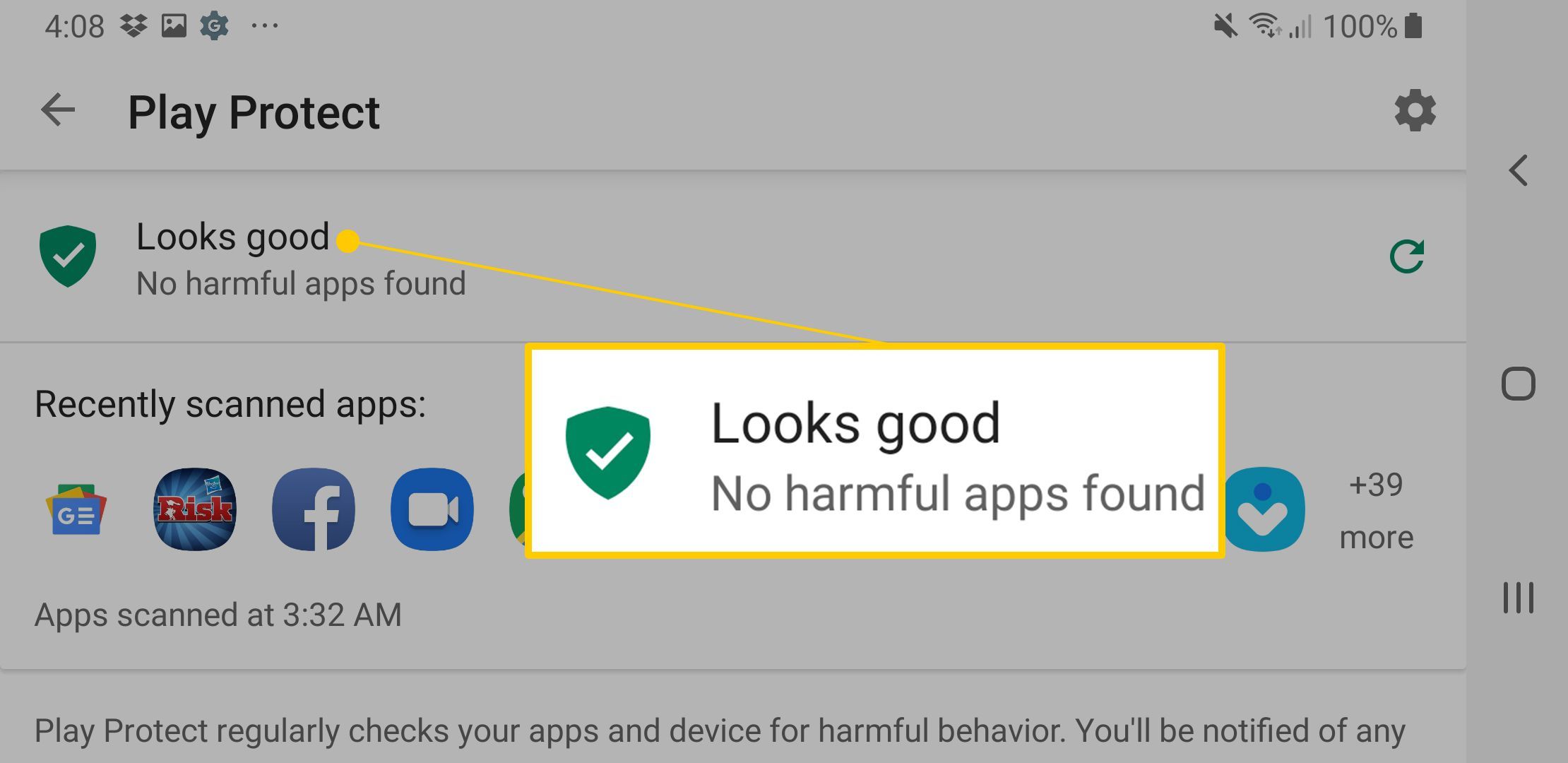 Хорошо выглядит сообщение в настройках Play Protect для Android