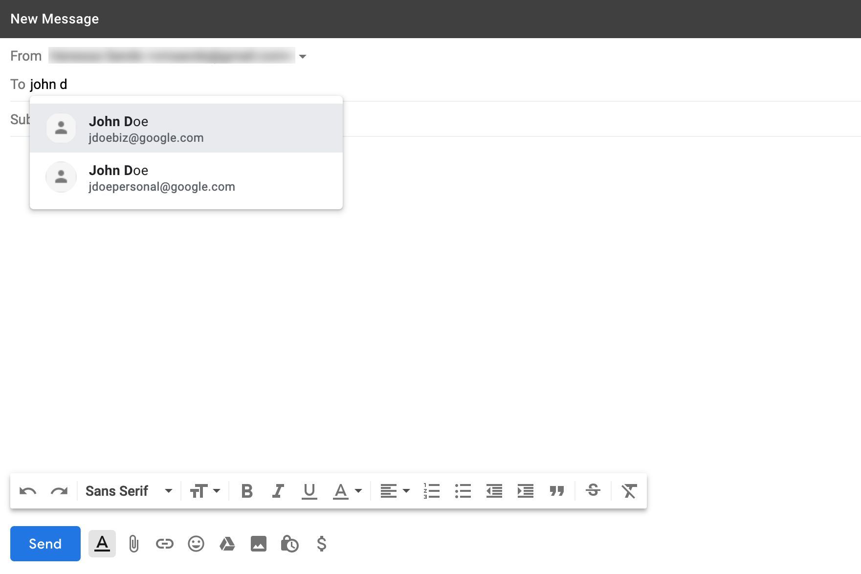 Окно нового сообщения Gmail с выпадающим меню