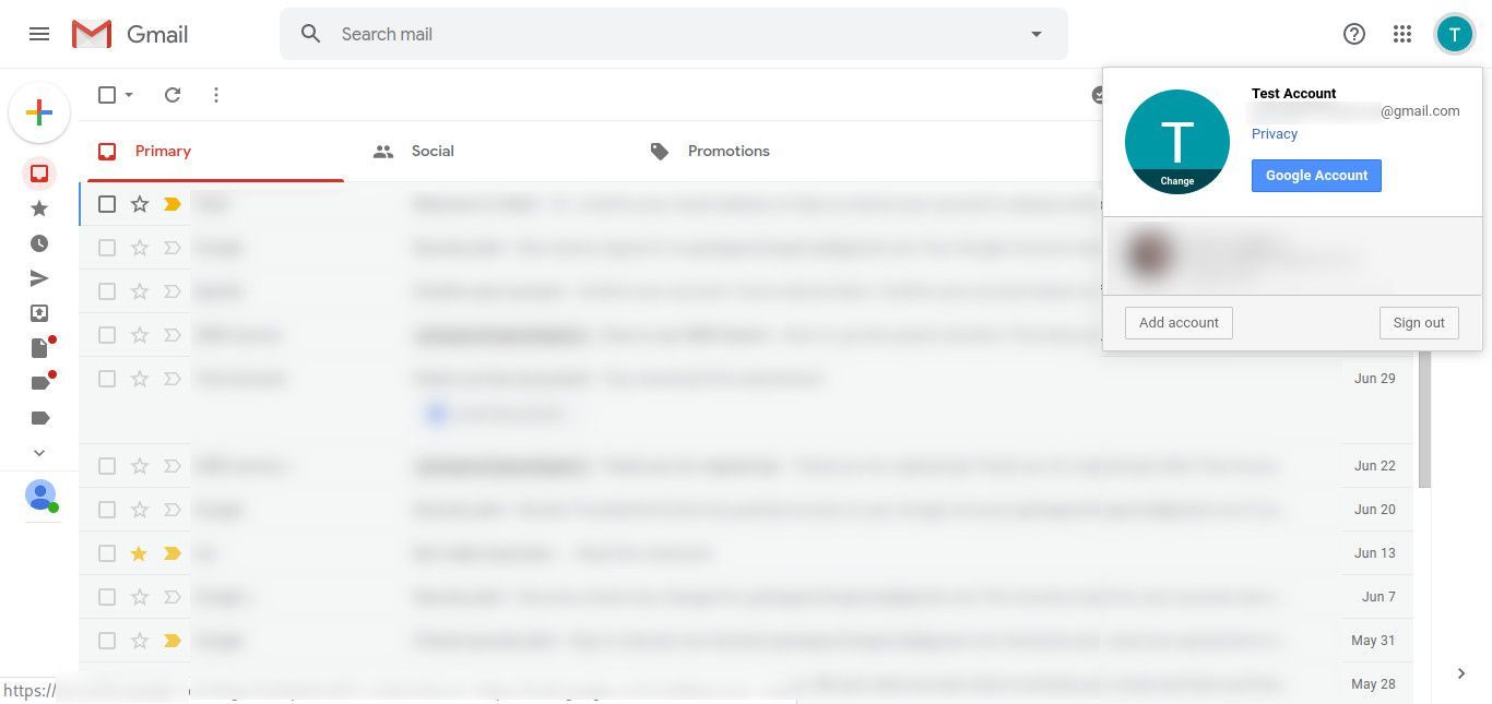Входящие Gmail с открытым меню аккаунта