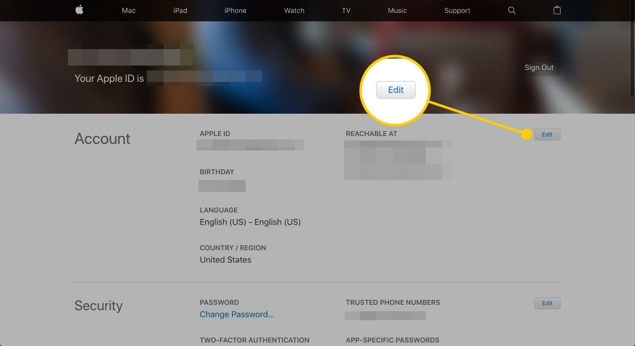 Главная страница учетной записи Apple ID с выделенной кнопкой «Изменить» в разделе «Учетная запись»