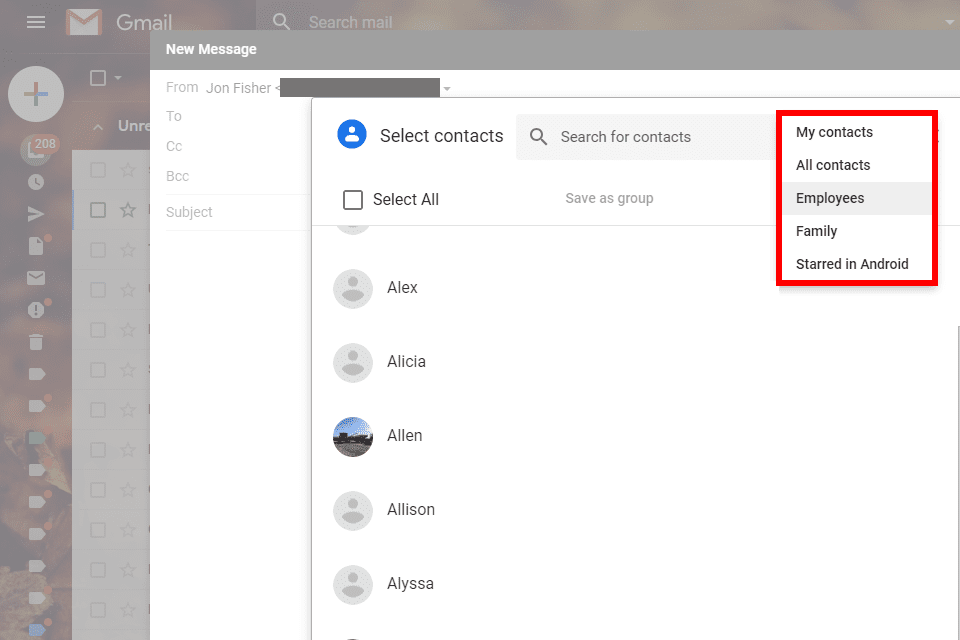 Снимок экрана, показывающий, как выбрать группу контактов Gmail перед отправкой сообщения
