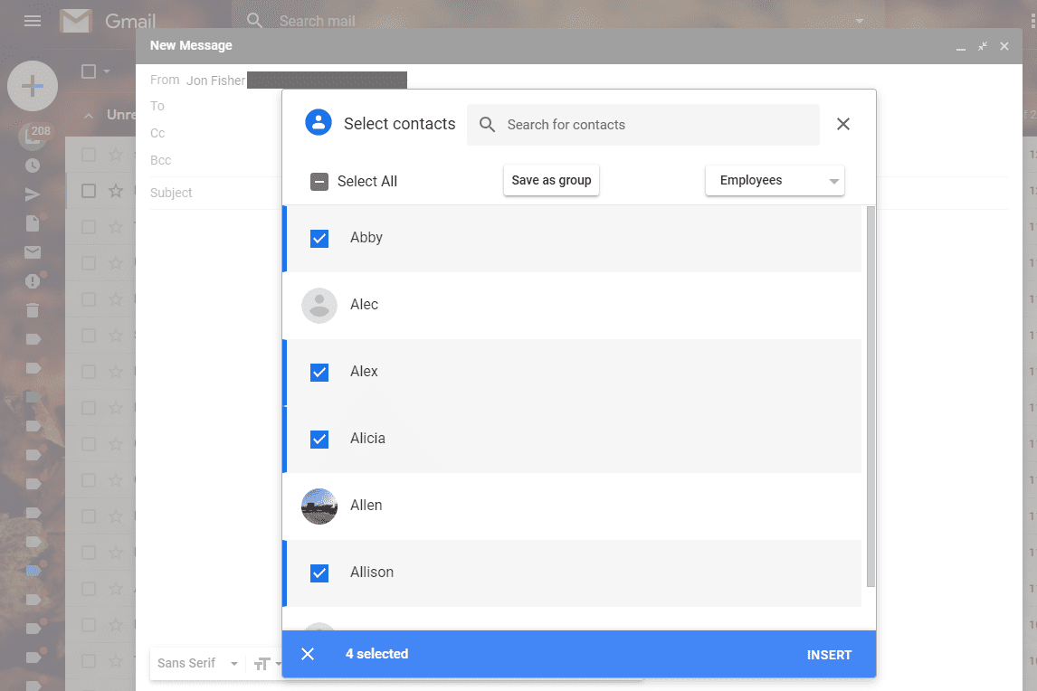 Снимок экрана, показывающий, как вставить адреса в поля Gmail