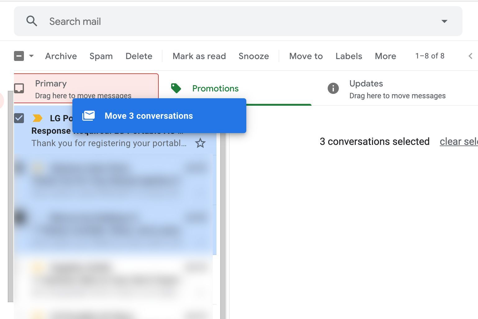 Перетаскивание электронной почты на другую вкладку в Gmail