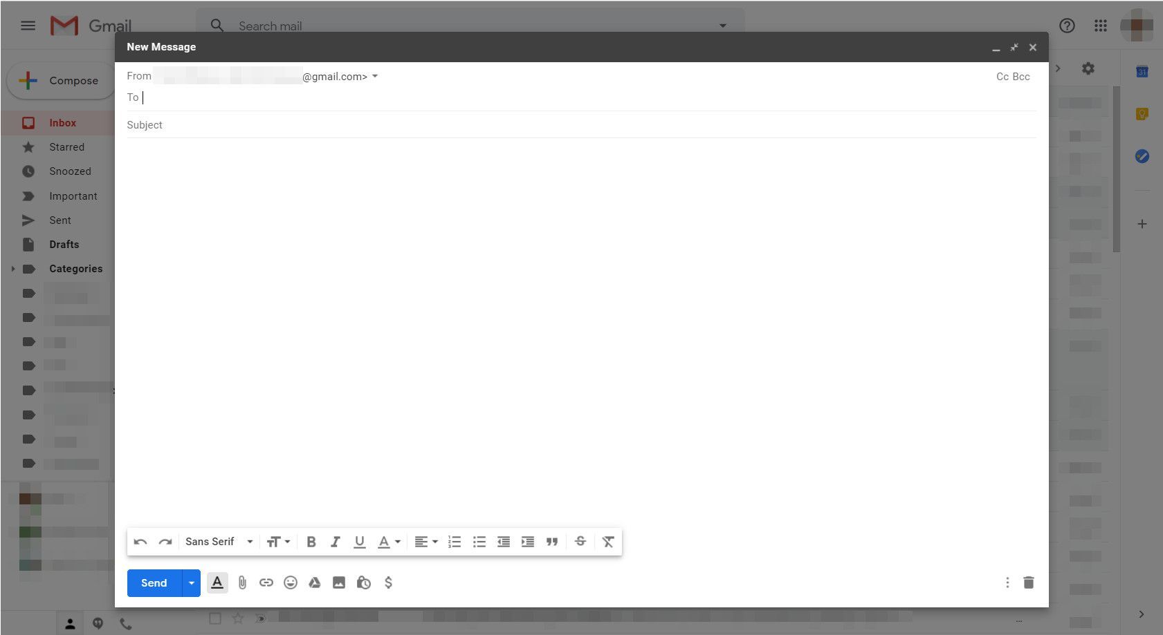 Gmail с полноэкранным окном «Новое сообщение»