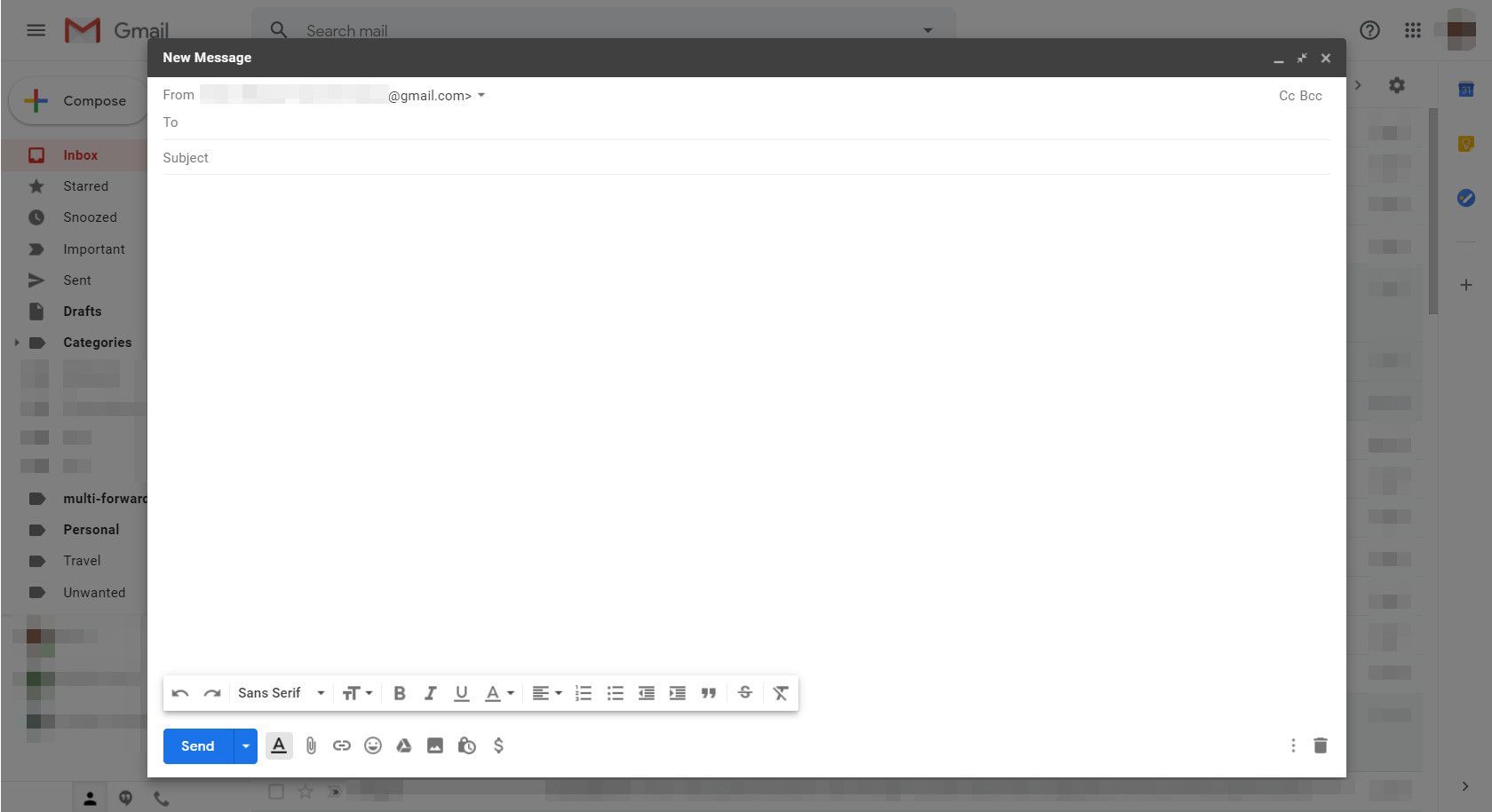 Gmail с окном Новое сообщение в полноэкранном режиме