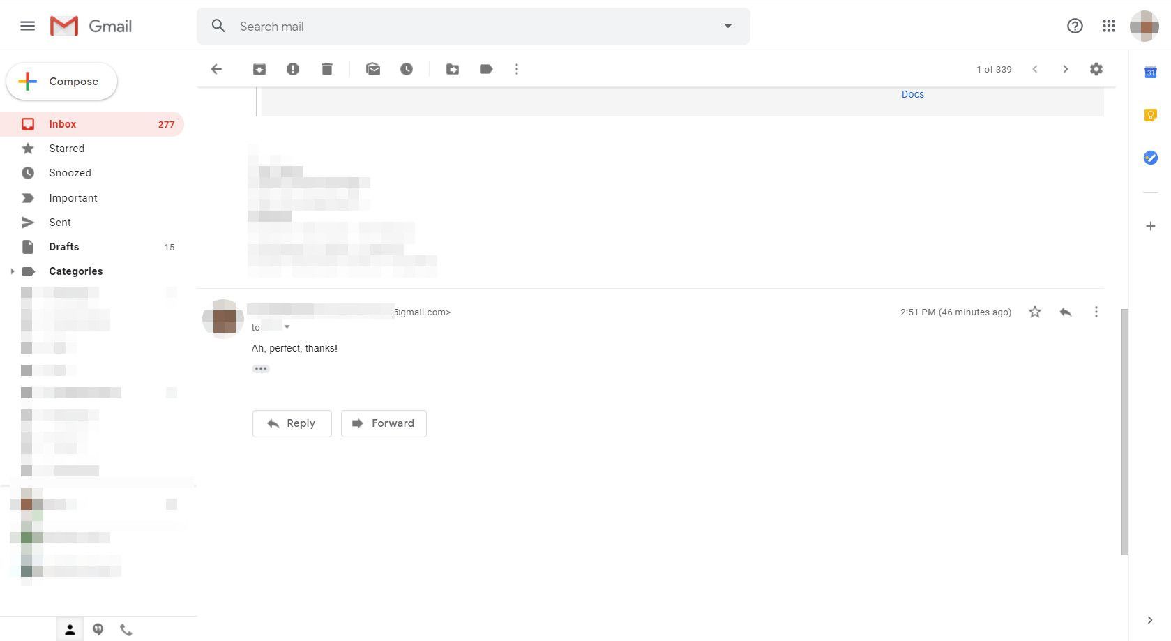 Gmail с отображением разговора