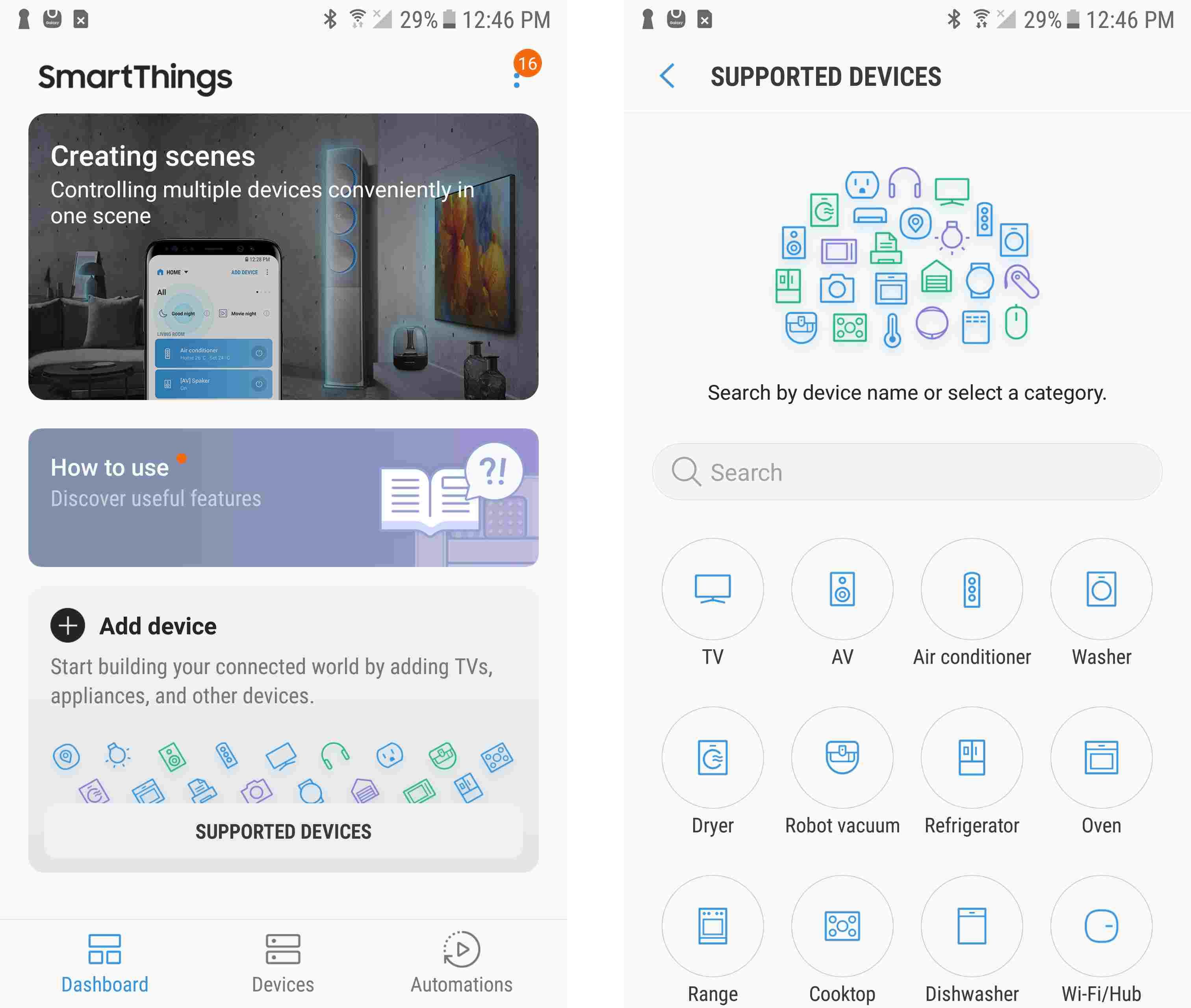 Скриншоты приложения Samsung SmartThings для домашней автоматизации