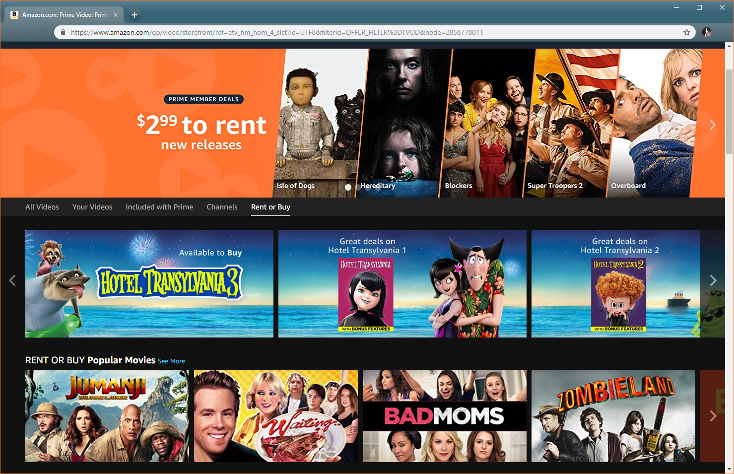 Скриншот Amazon Video, показывающий фильмы для проката или покупки.