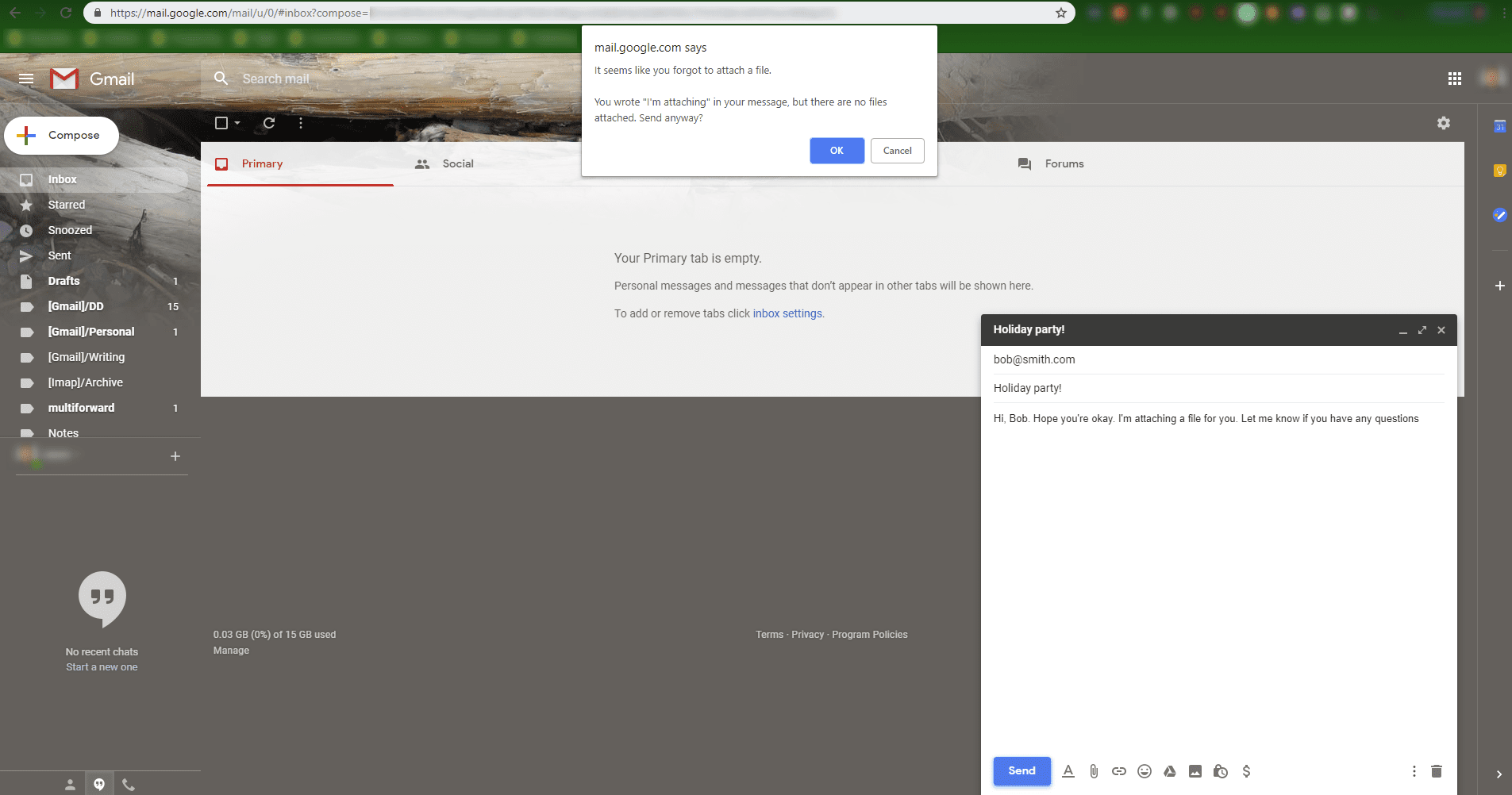 Отображается окно Gmail с отсутствующим сообщением вложения.