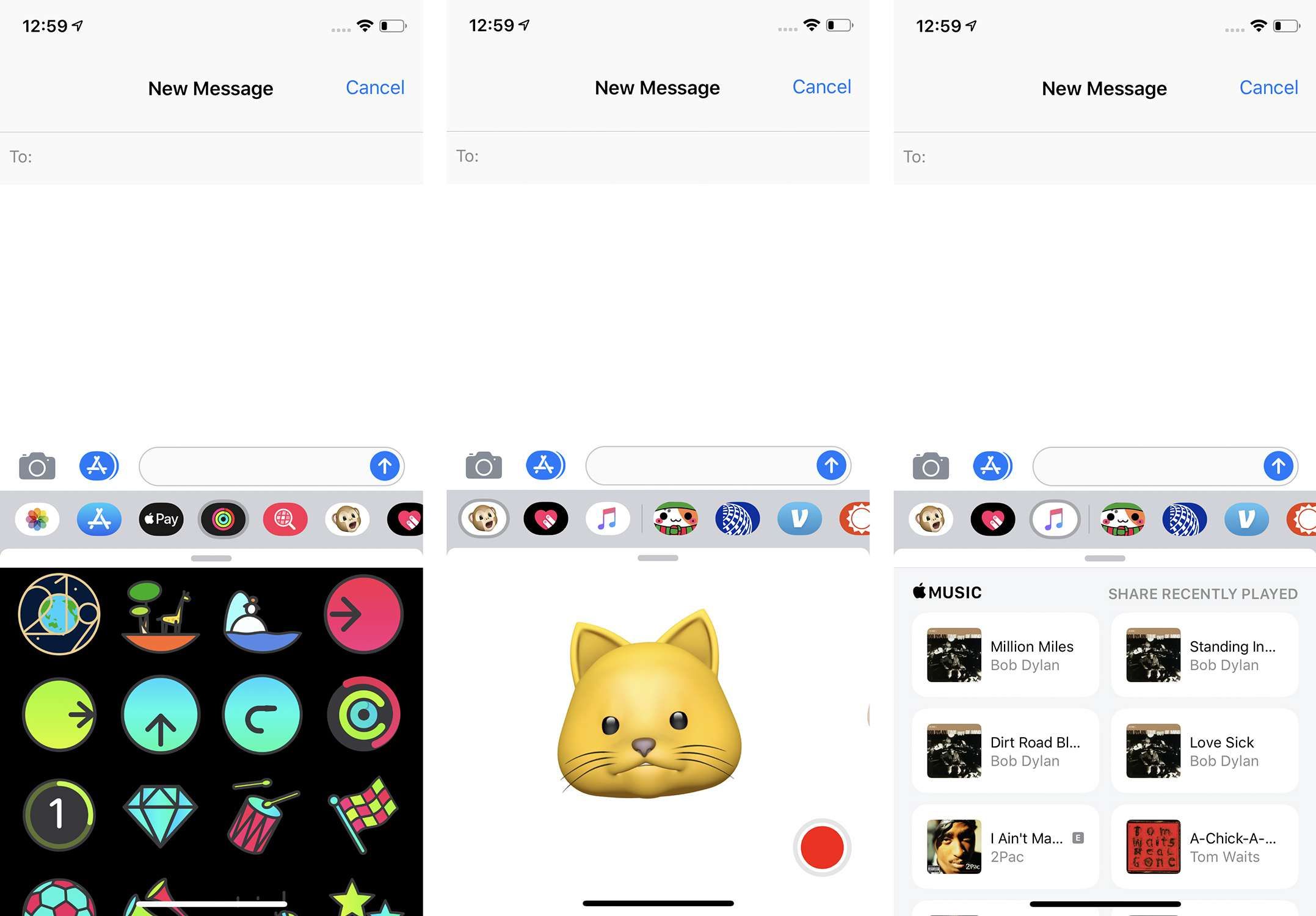 Снимки экрана приложений iMessage для Activity, Apple Music и Animoji