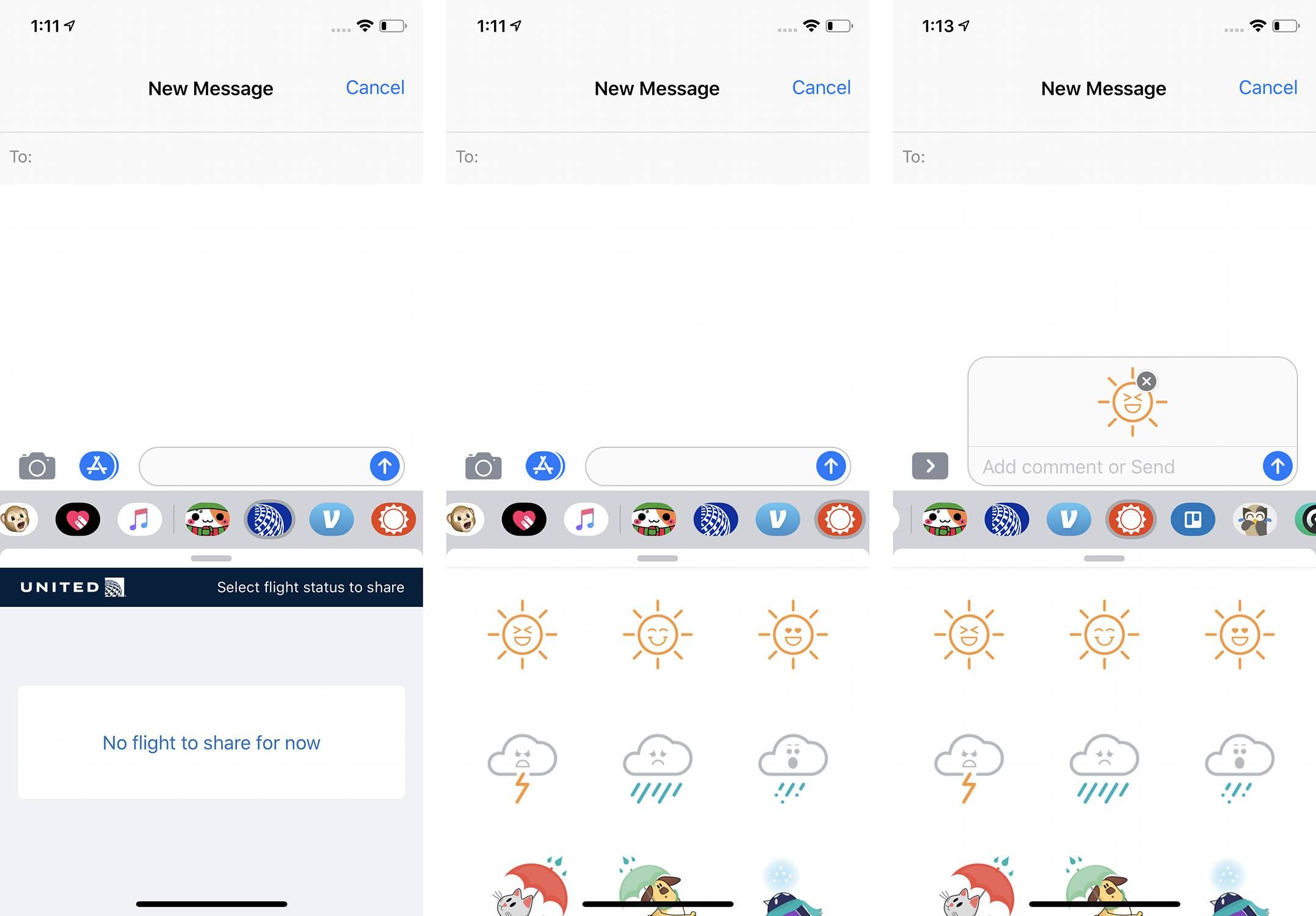 Снимки экрана добавления содержимого приложения iMessage к текстам