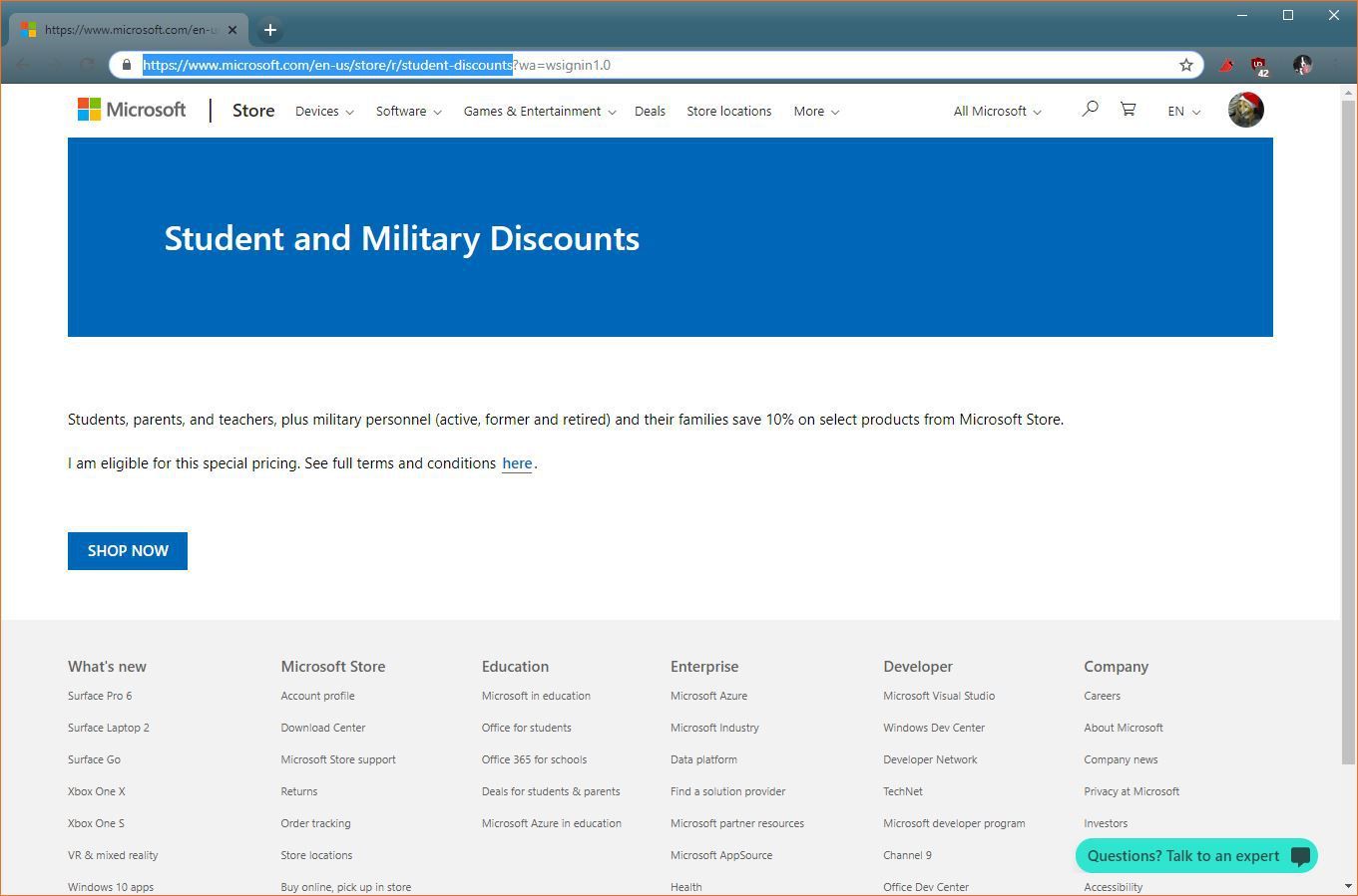 Скриншот сайта Microsoft для студентов и военных скидок.