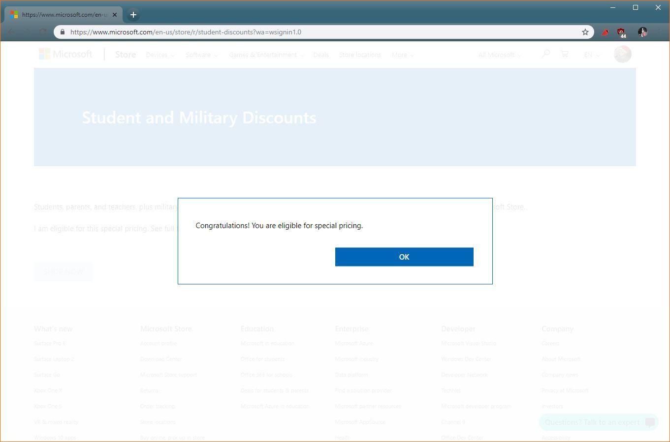 Снимок экрана с уведомлением о подтверждении Microsoft Student Discount.