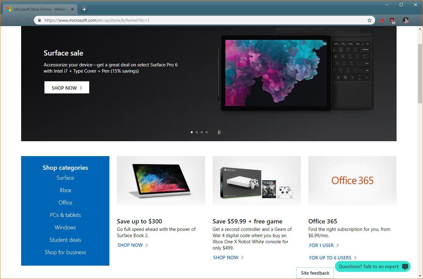 Скриншот интернет-магазина Microsoft.