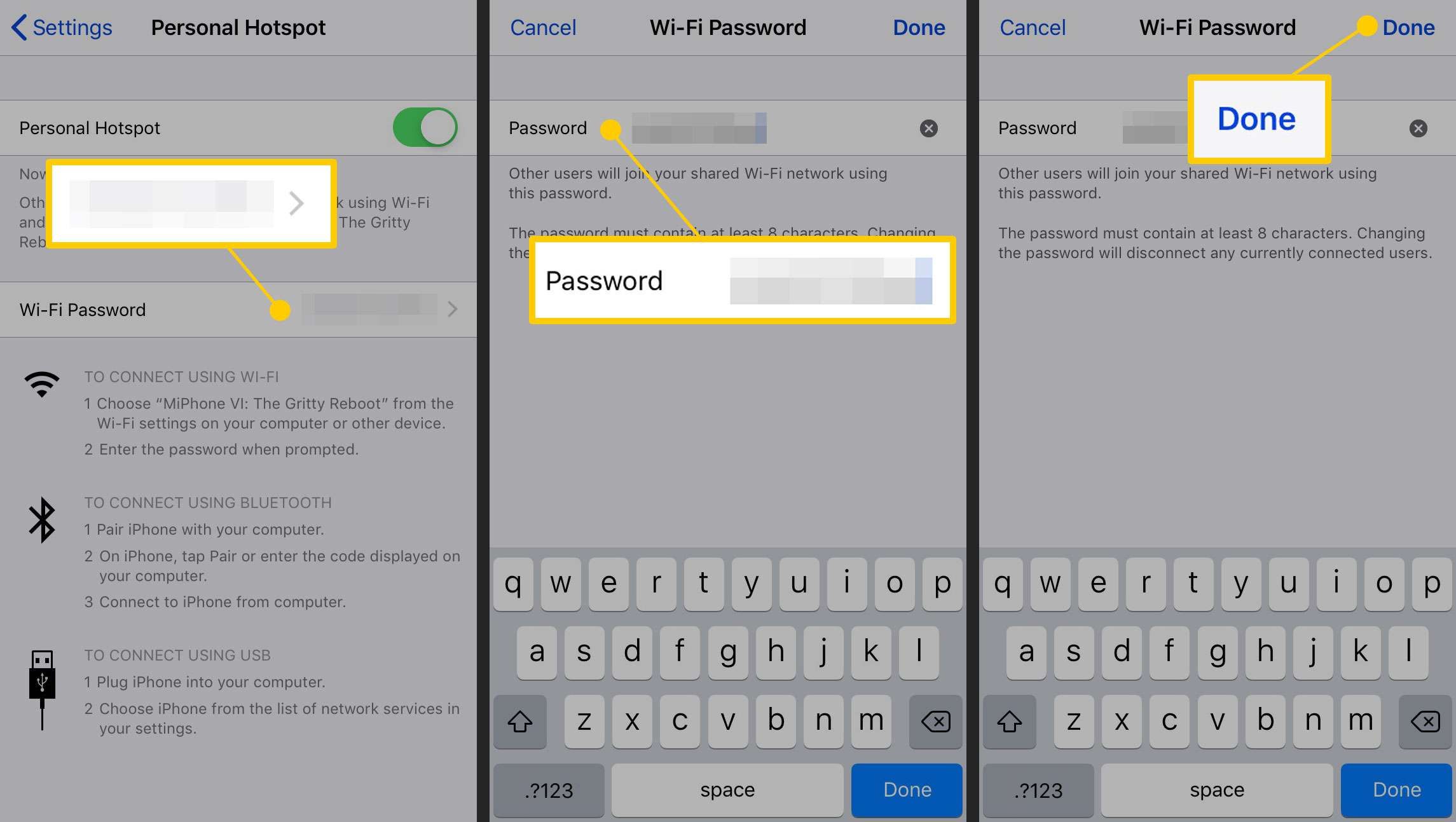 Персональная точка доступа и экран смены пароля на iPhone