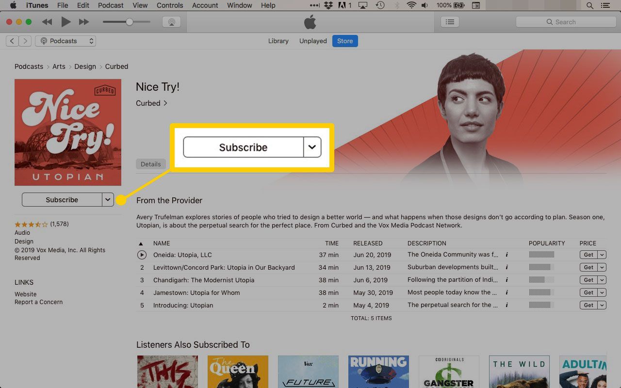 Как подписаться на подкасты в скриншоте iTunes