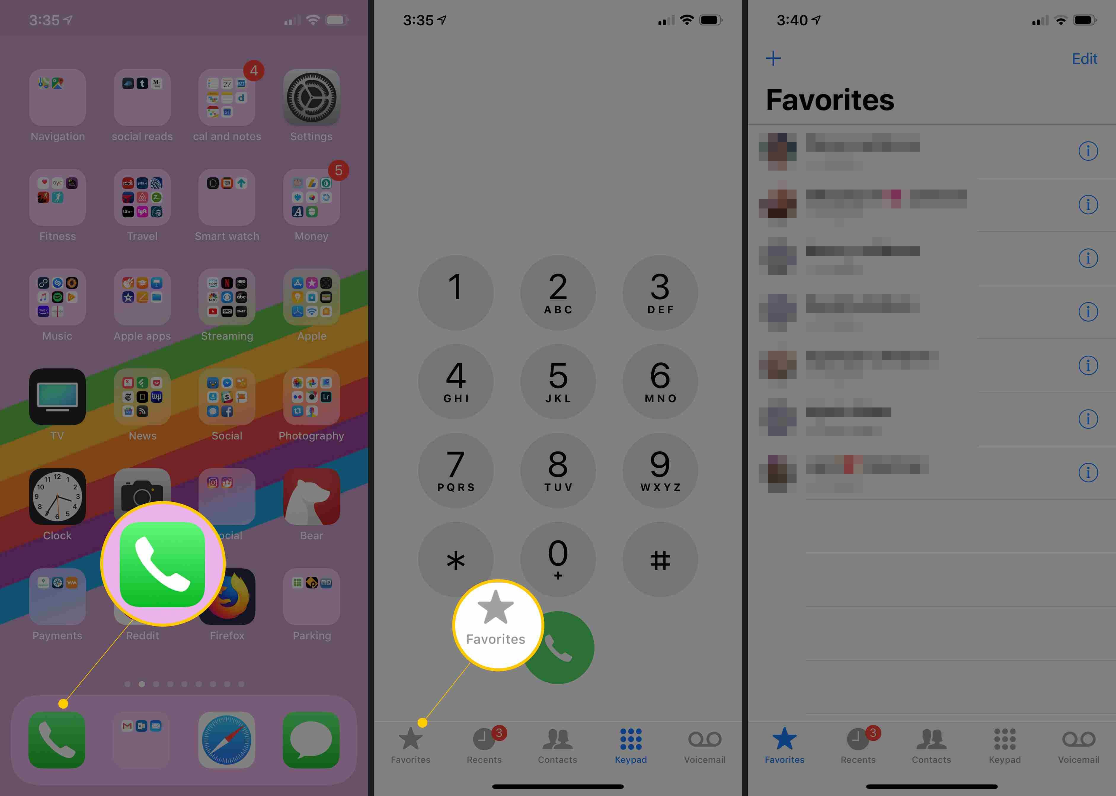 Три экрана iOS со значком приложения «Телефон» и кнопкой «Избранное»