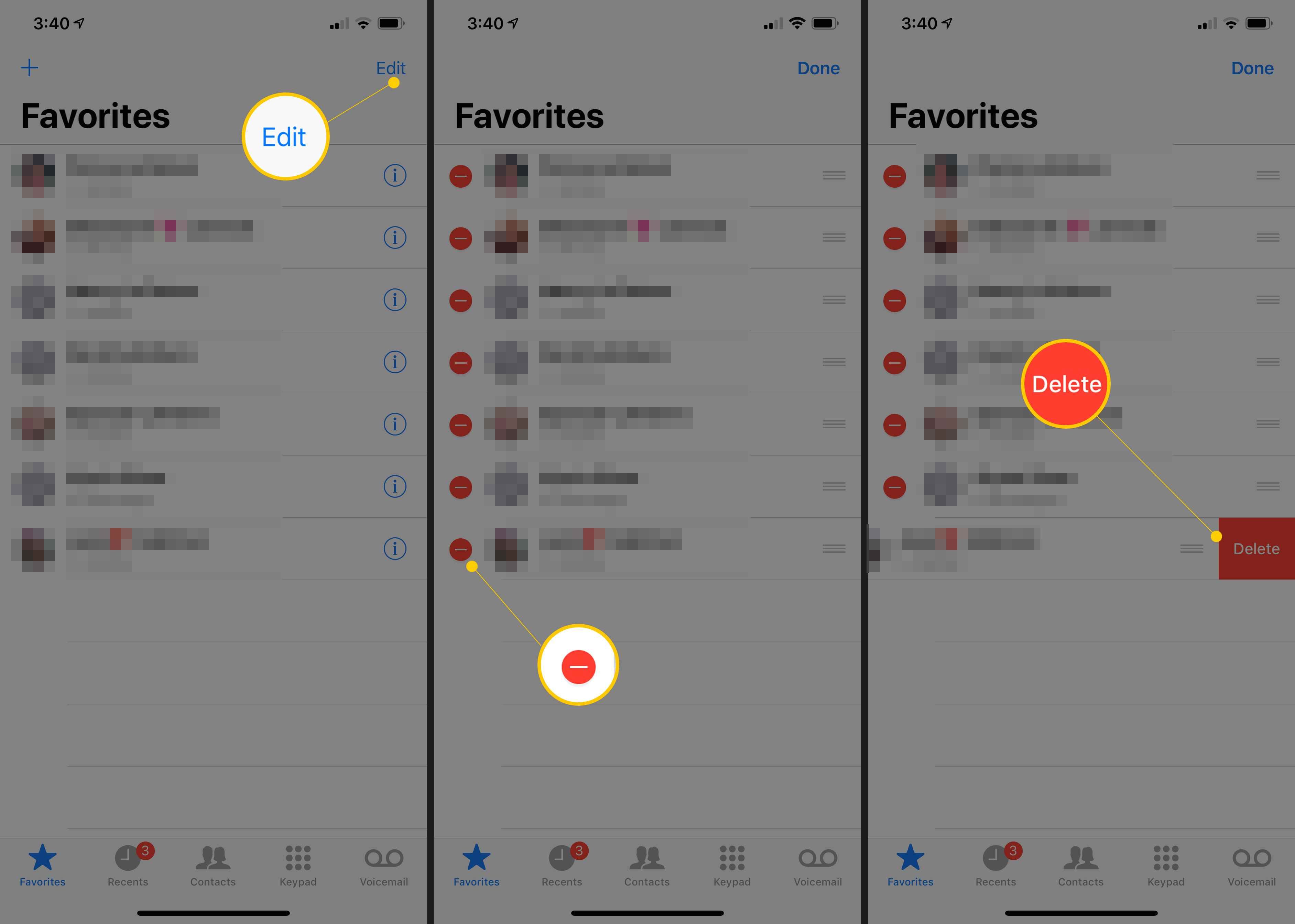 Три экрана iOS с кнопкой «Изменить», красным кружком с линией в нем и кнопкой «Удалить»