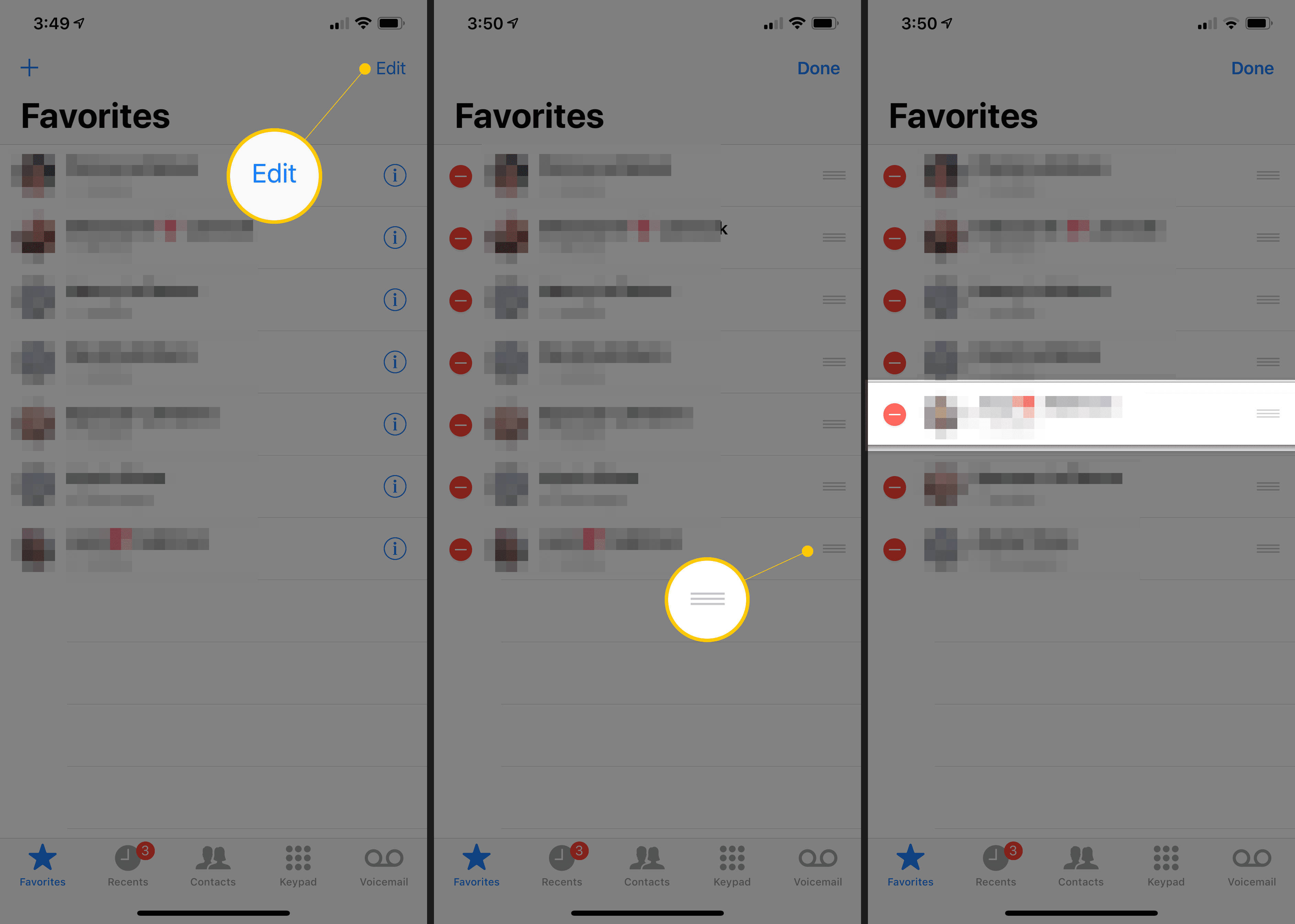 Три экрана iOS с кнопкой «Редактировать» на экране «Избранное», значком перемещения, «Избранное» переместилось на два слота вверх