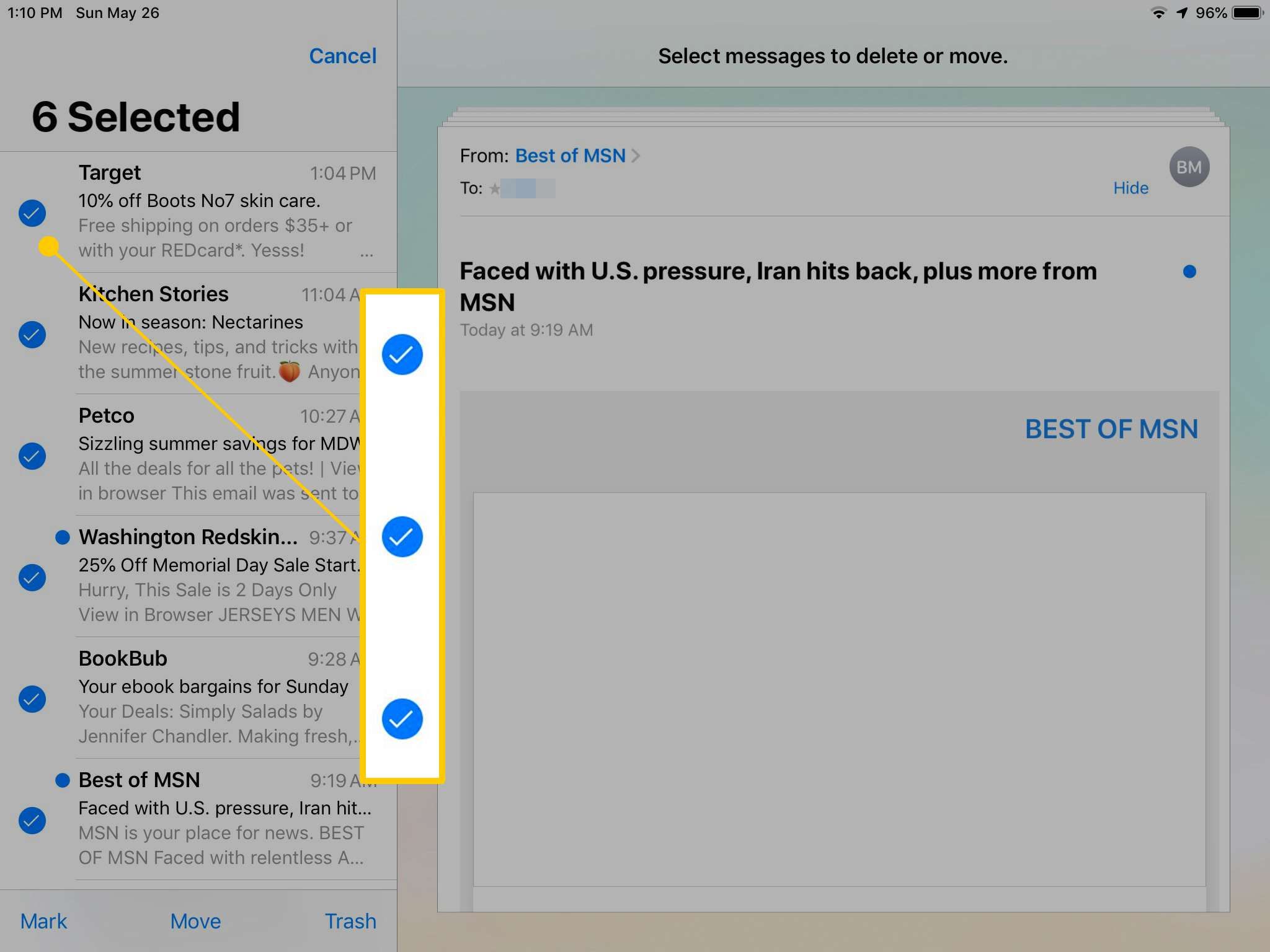 Флажки выбора в iOS Mail на iPad
