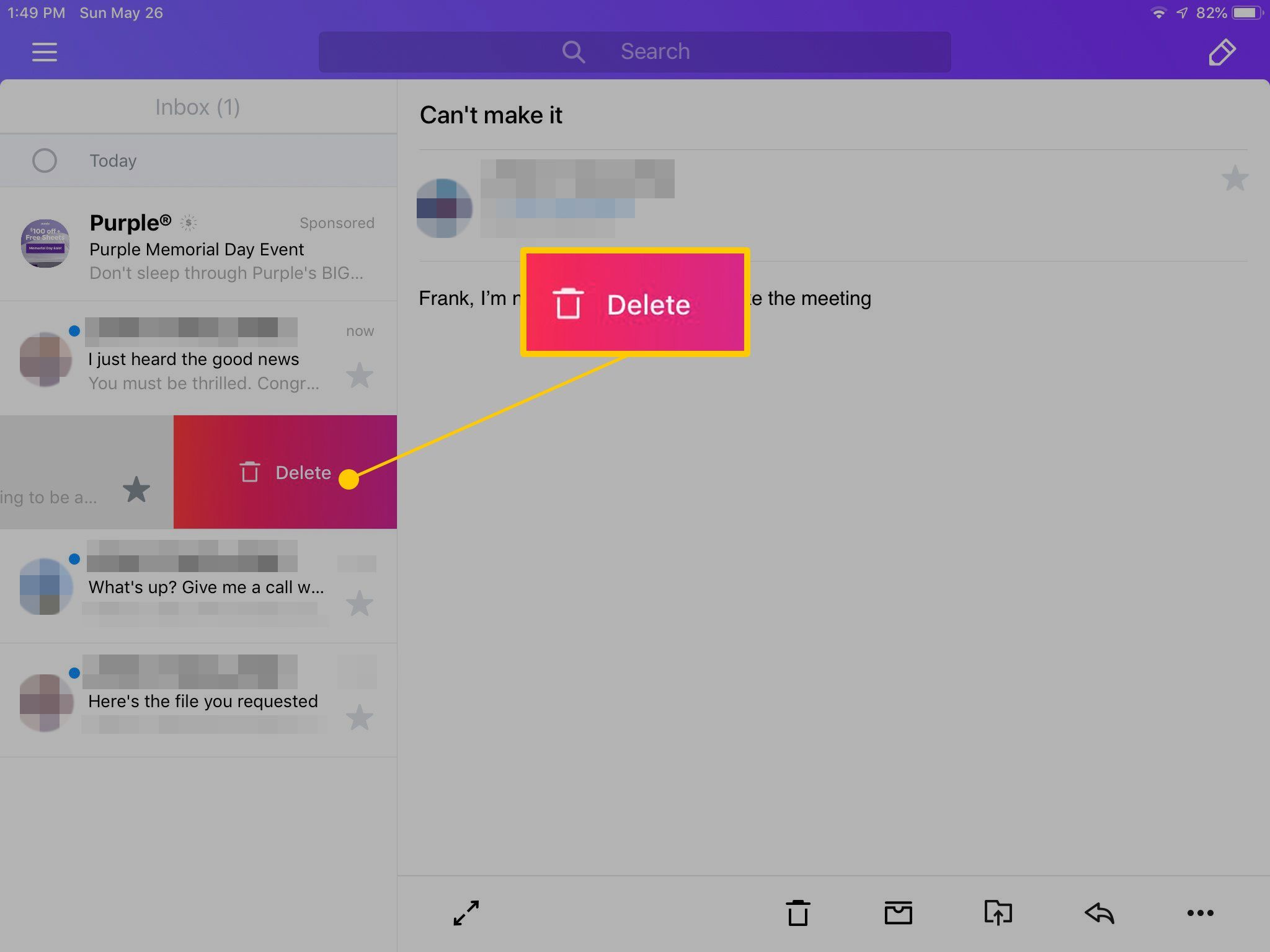 Кнопка «Удалить» в приложении Yahoo Mail для iPad