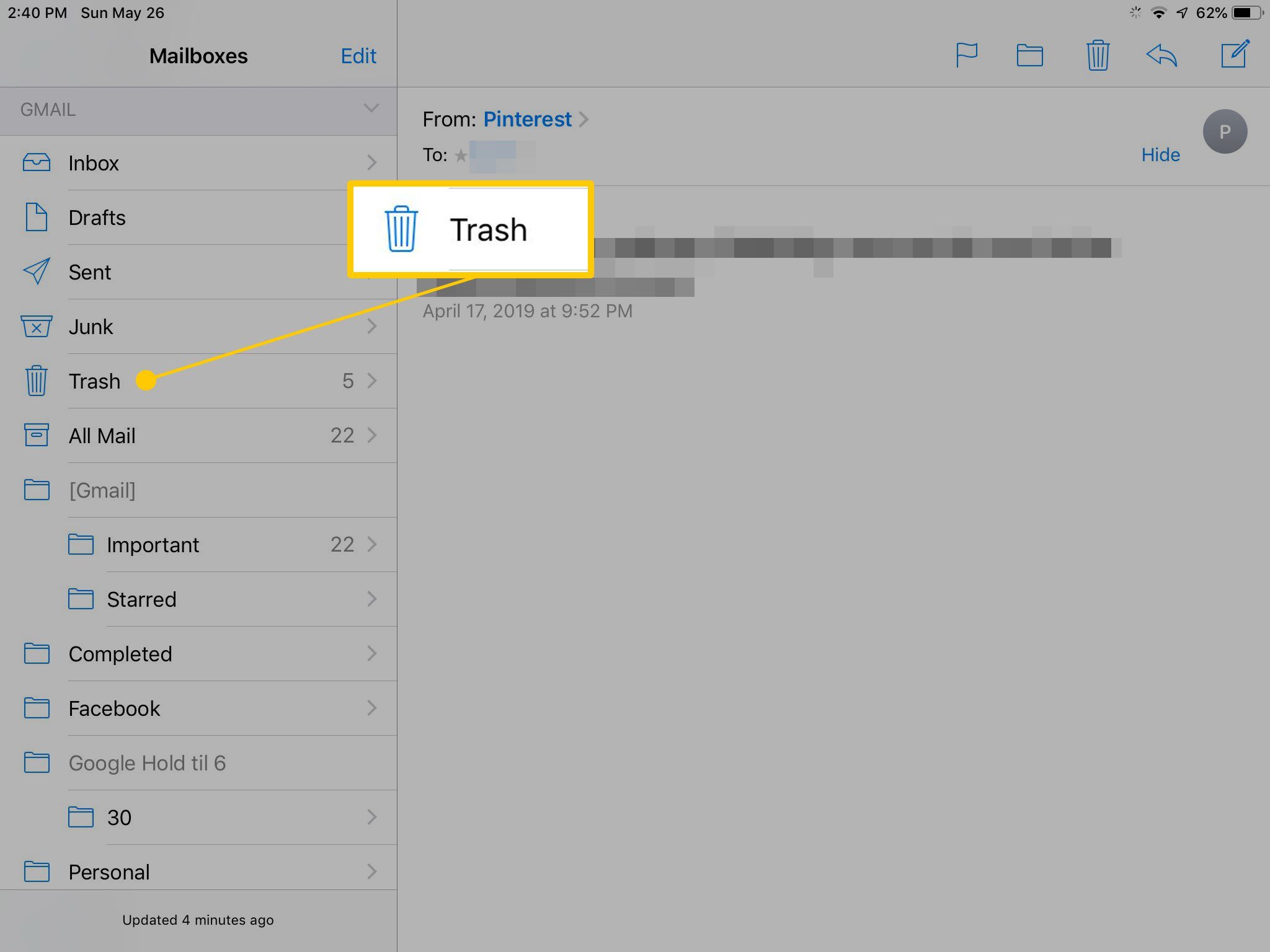 Папка для мусора в iOS Mail для iPad