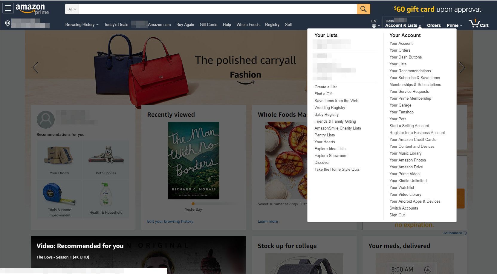 Домашняя страница Amazon с отображенным меню «Аккаунты и списки»