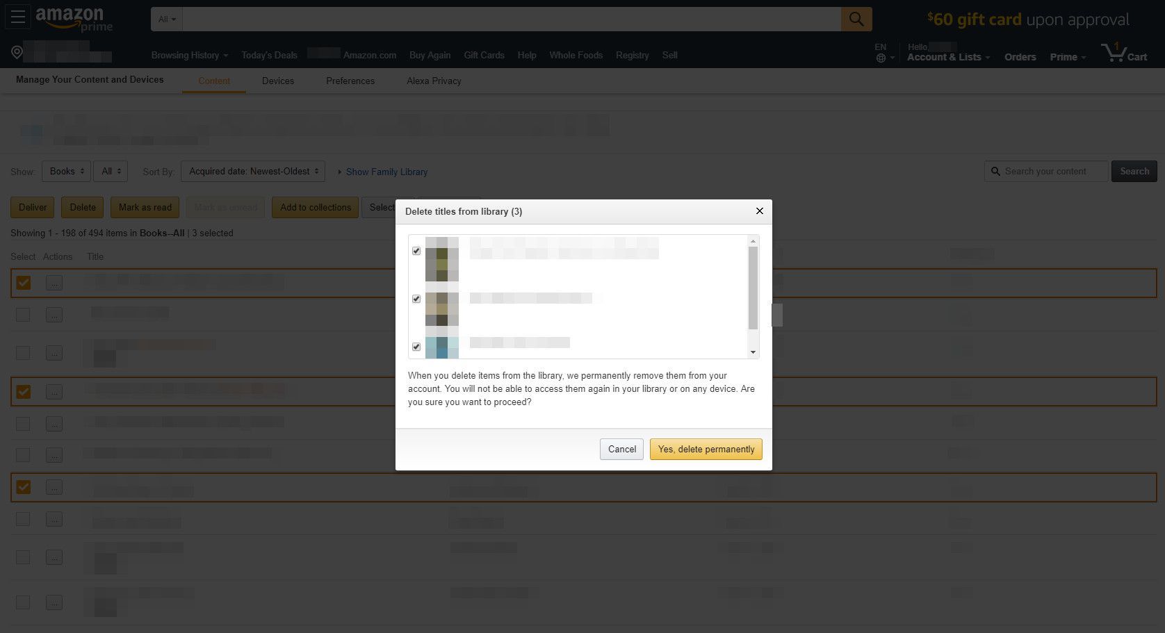 Amazon.com с отображенным диалоговым окном удаления книги