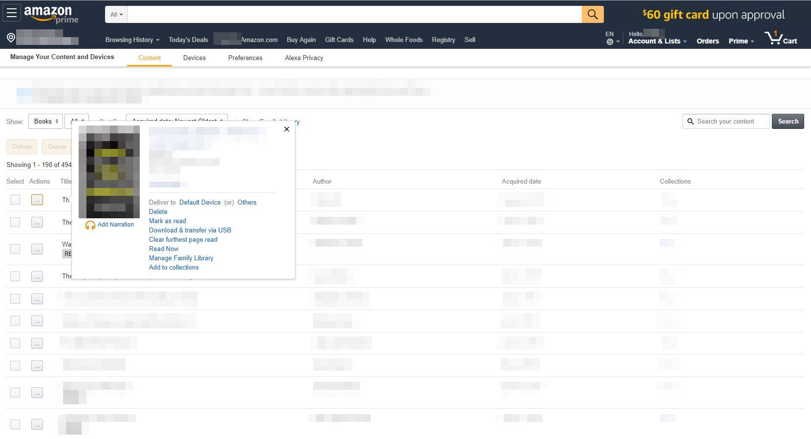 Amazon.com со страницей управления вашим контентом и устройствами