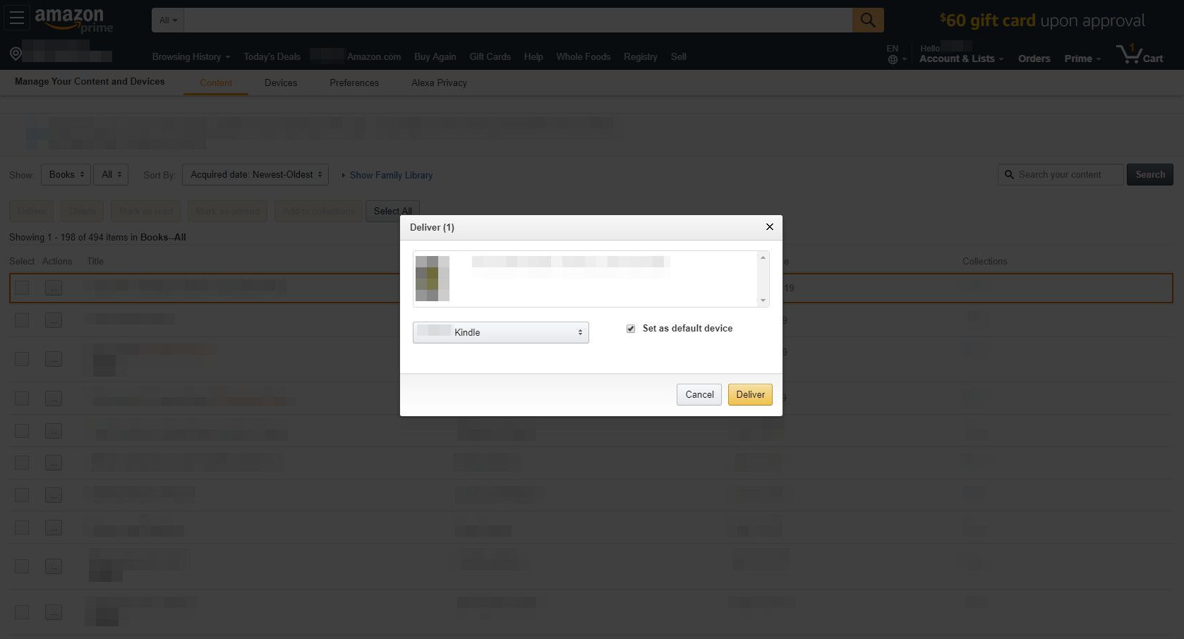 Отображается диалоговое окно Amazon.com с доставкой