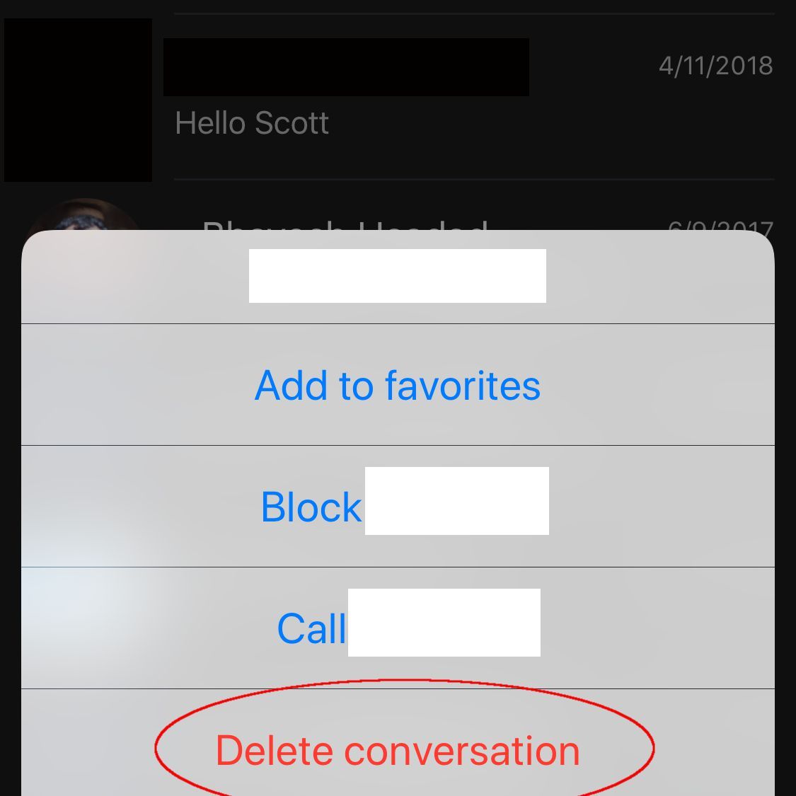 Удаление разговора по Skype на скриншоте iOS