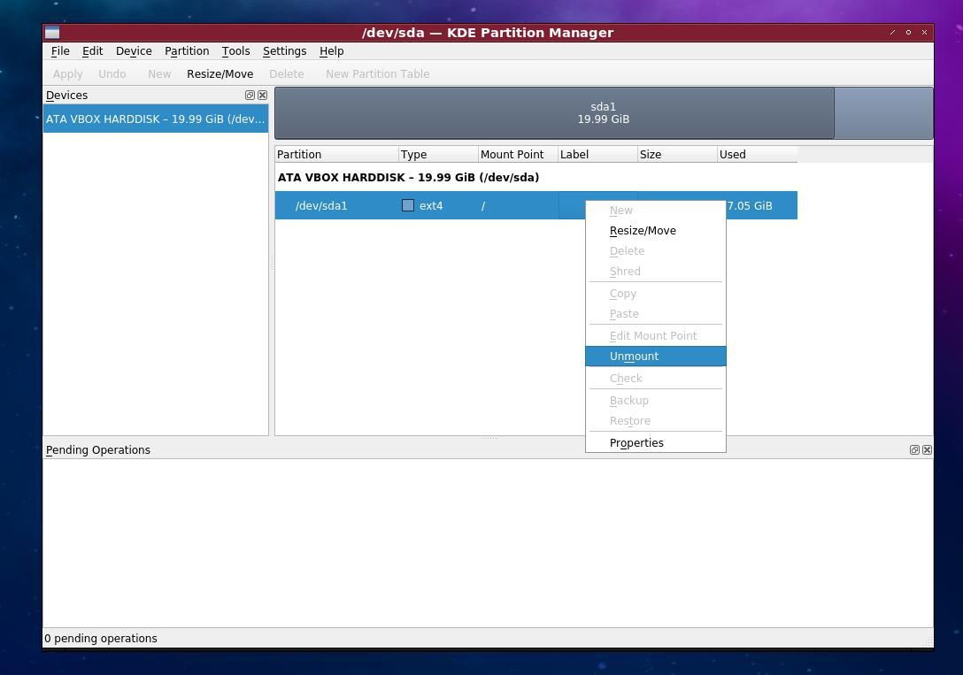 Размонтирование раздела в KDE Partition Manager