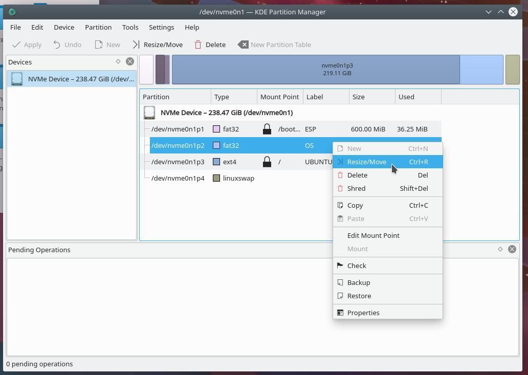 Изменение размера раздела в KDE Partition Manager