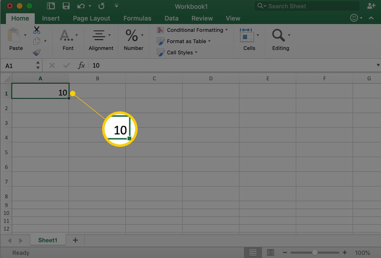 Excel показывает ячейку A1 с номером 10 в ней