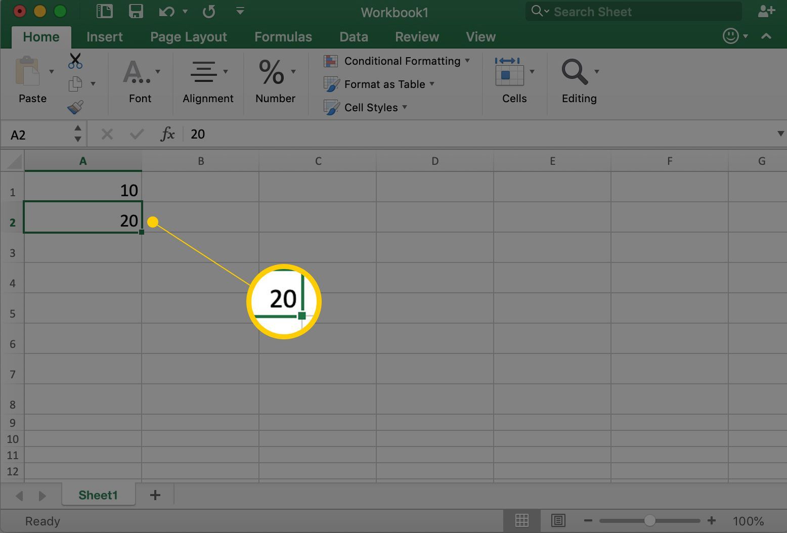 Excel показывает ячейку A2 с номером 20 в нем