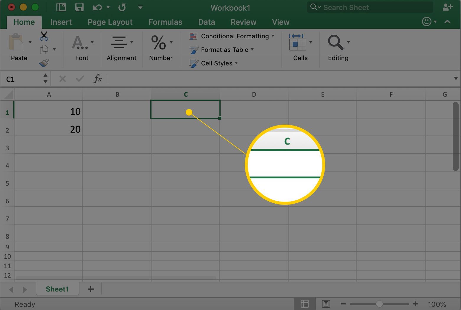 Excel показывает выбранную ячейку C1
