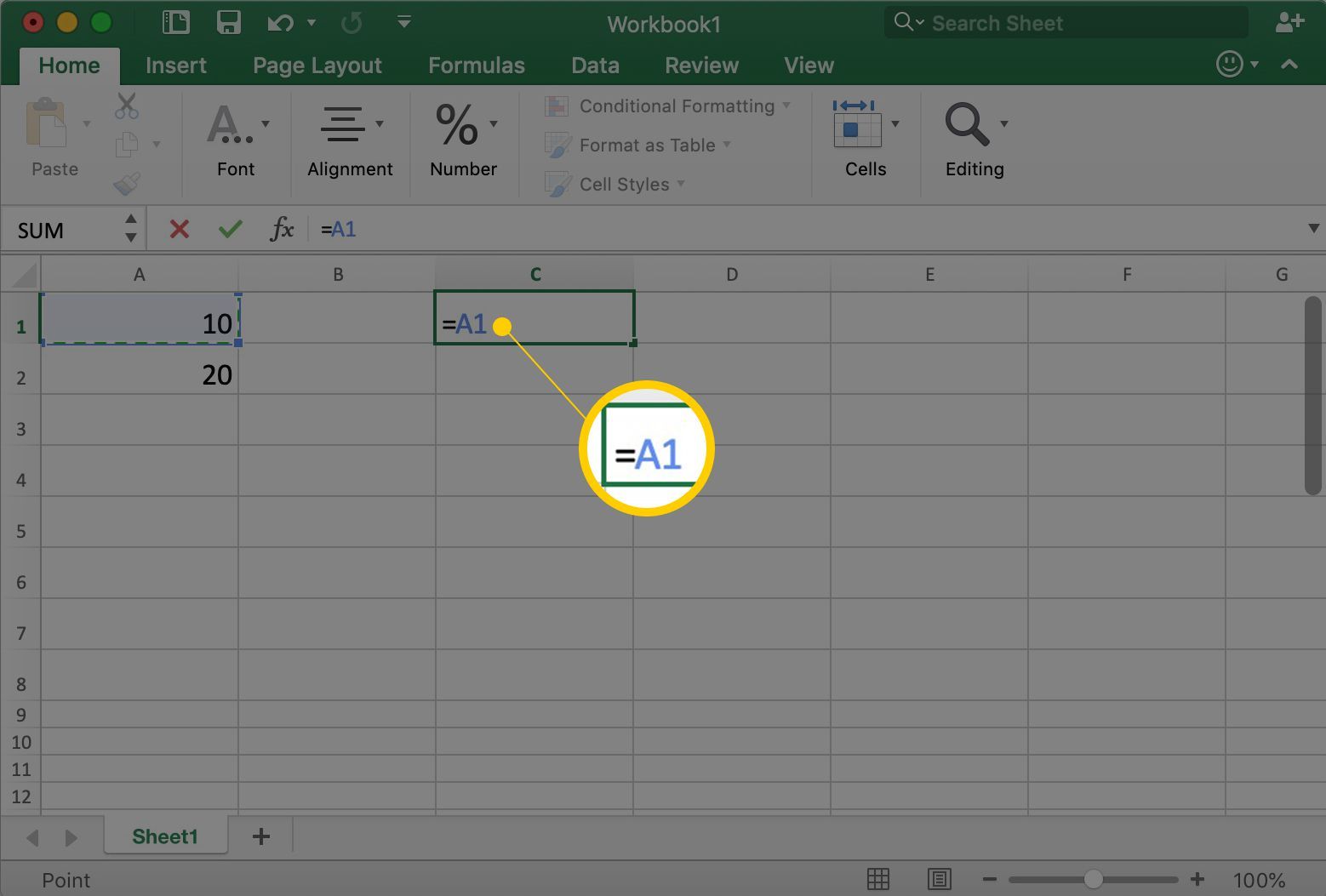 Excel показывает ячейку C1 с = A1