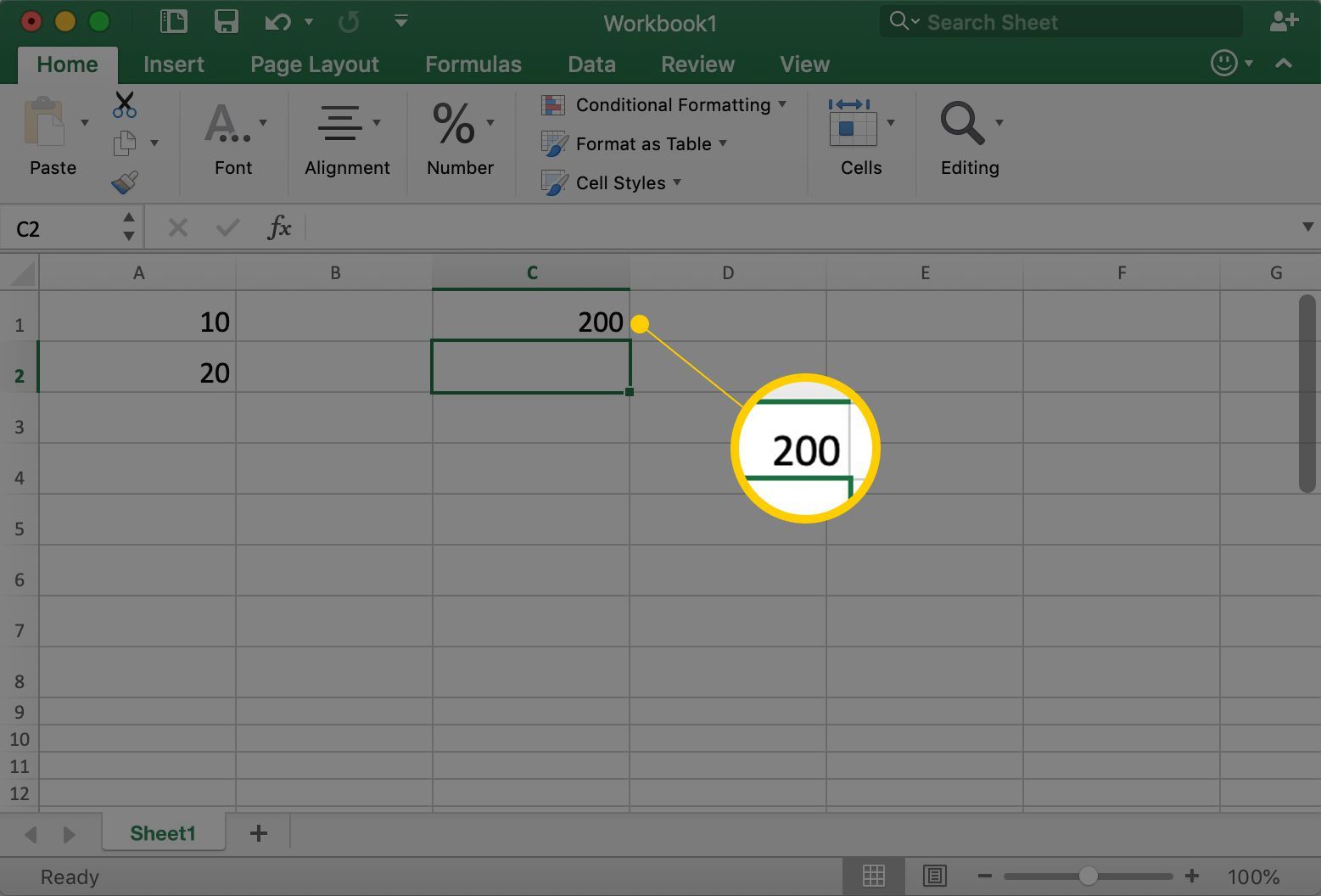 Excel показывает ячейку A1 с номером 200 в ней