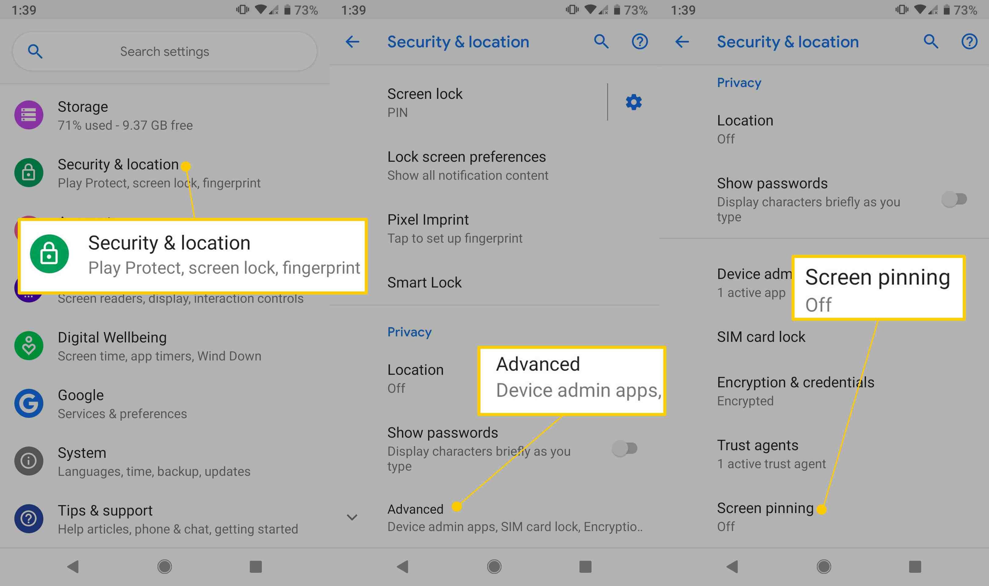 Ссылки «Безопасность и местоположение», «Дополнительно» и «Прикрепление экрана» в настройках Android