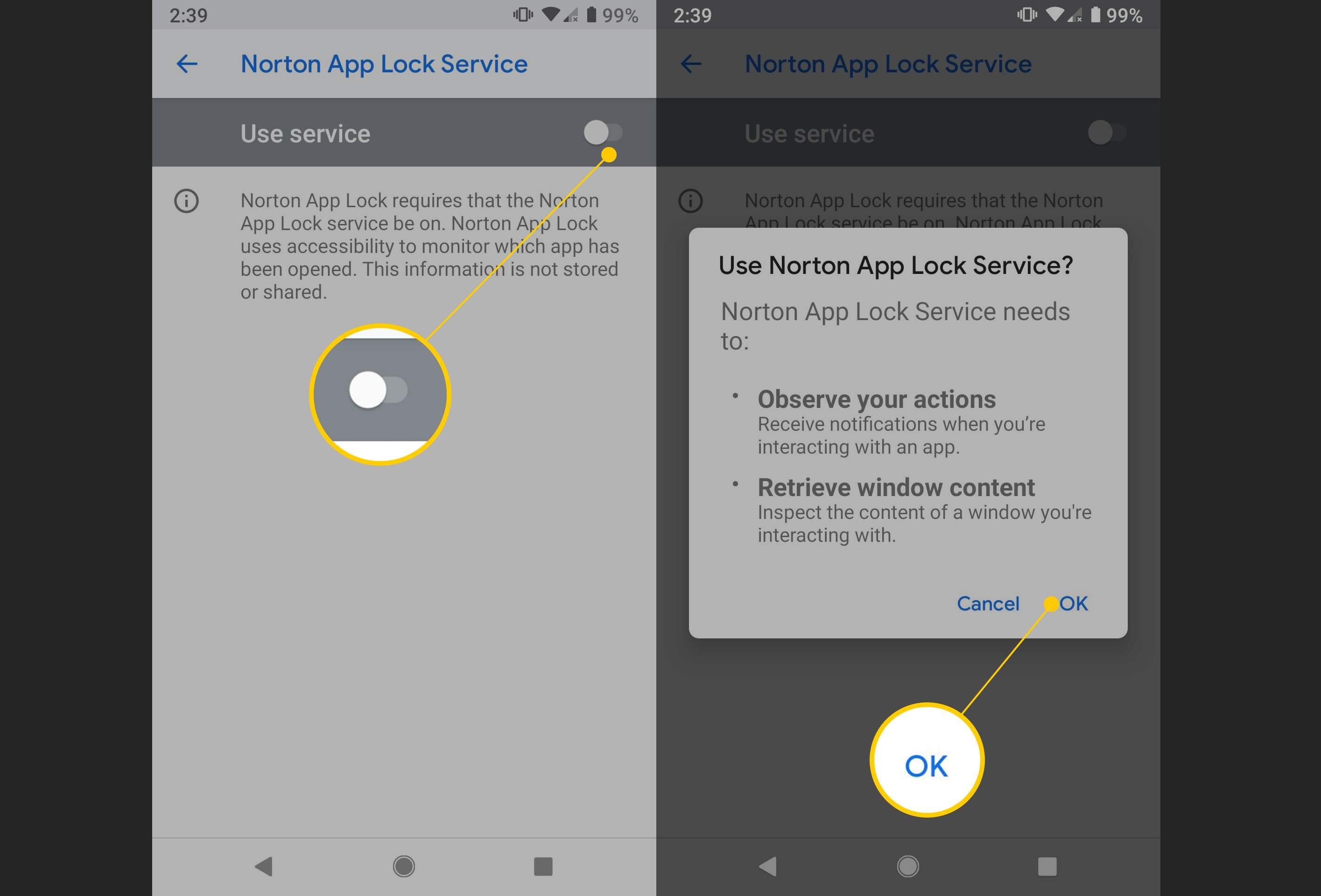 Используйте службу, чтобы включить, кнопку ОК в Norton App Lock Service