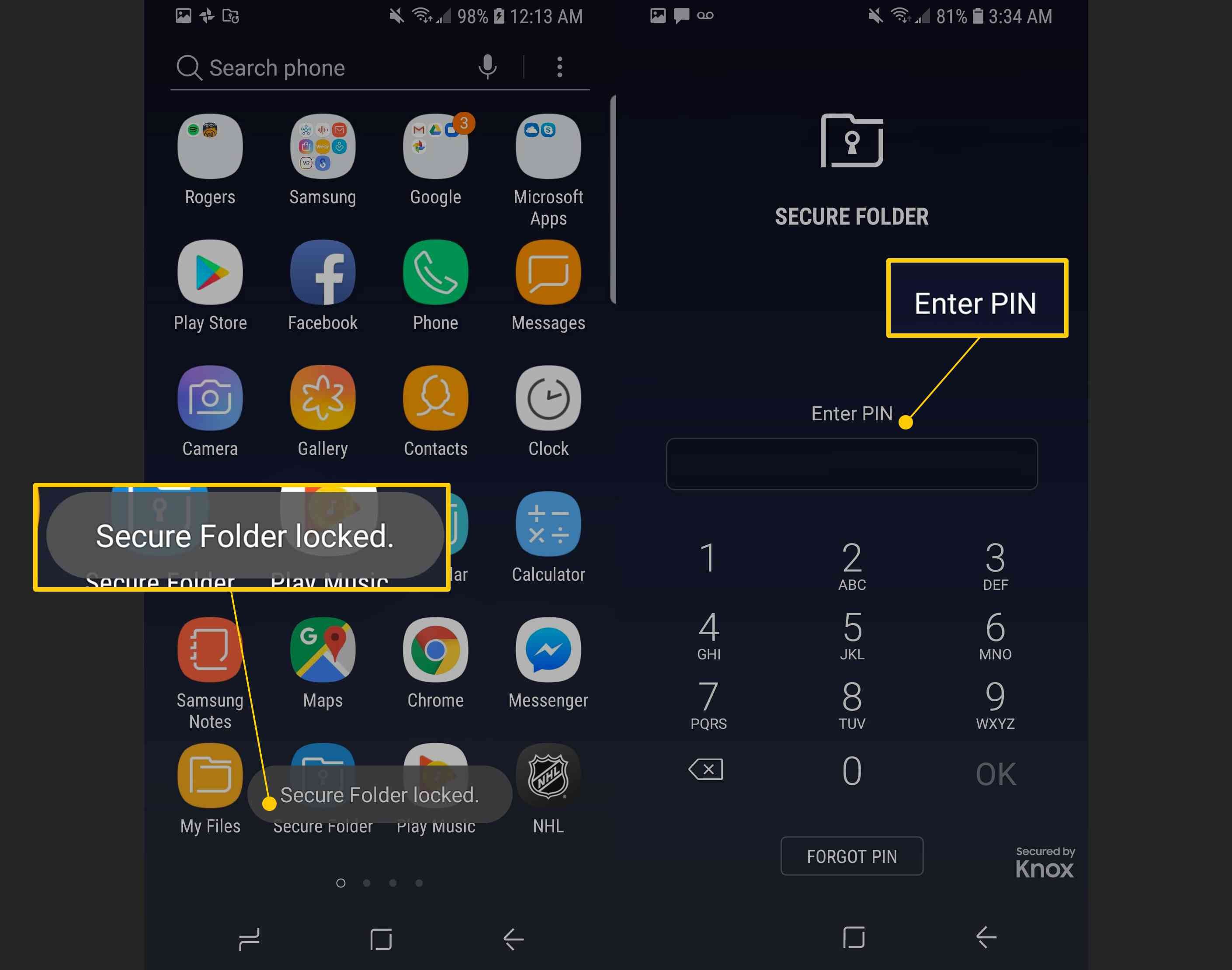Безопасная папка заблокировала сообщение и введите поле ввода PIN-кода на Android