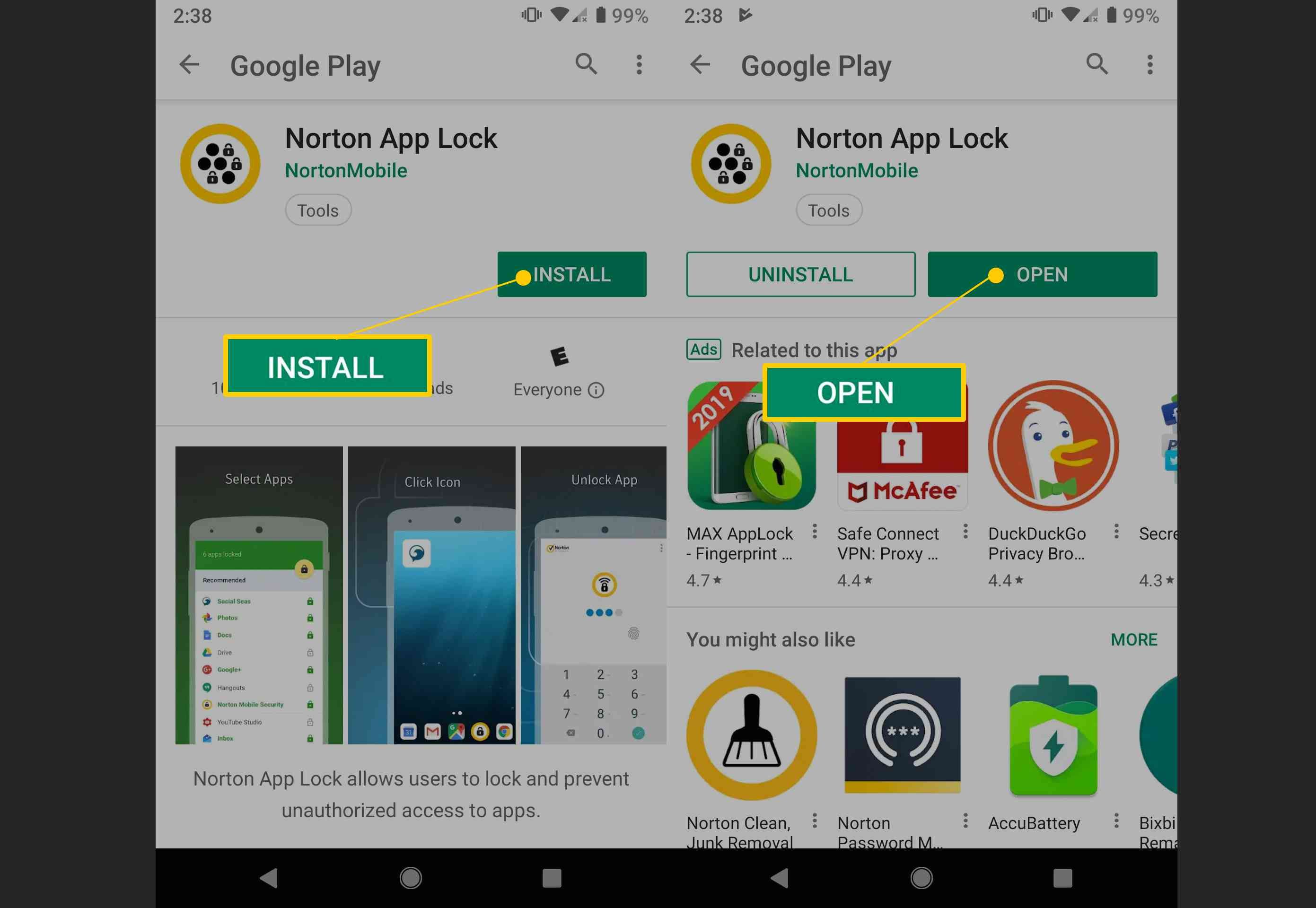 Кнопки «Установить» и «Открыть» в Google Play для Norton App Lock