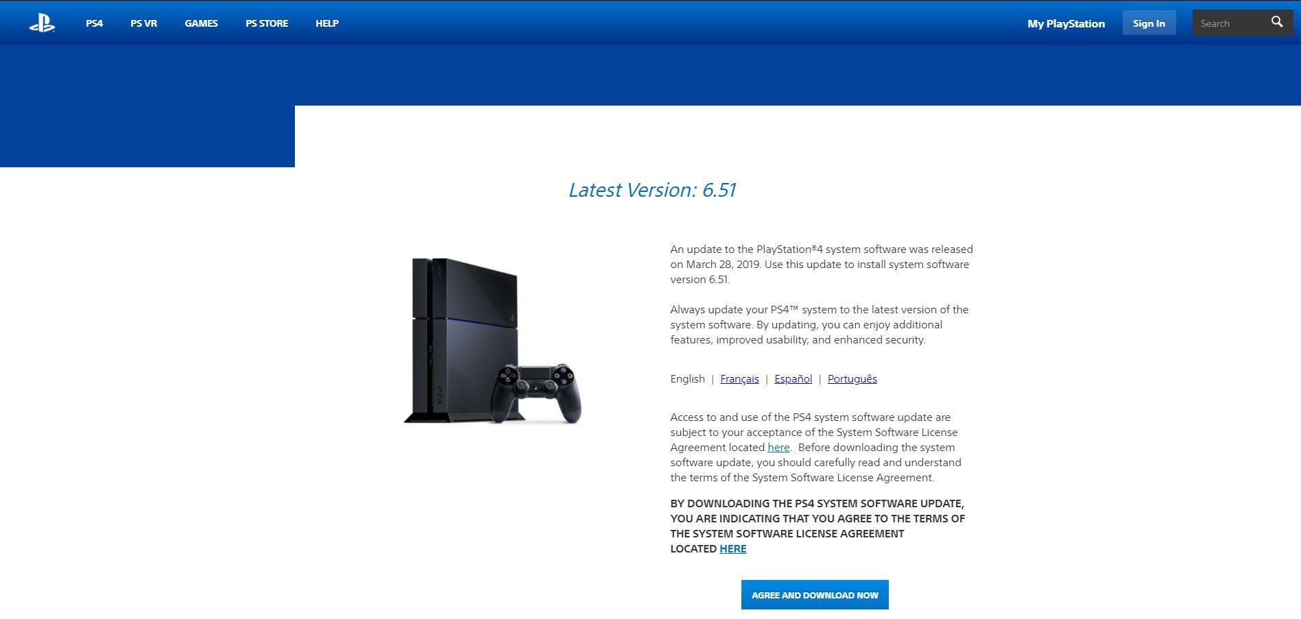Страница обновления на сайте PlayStation.