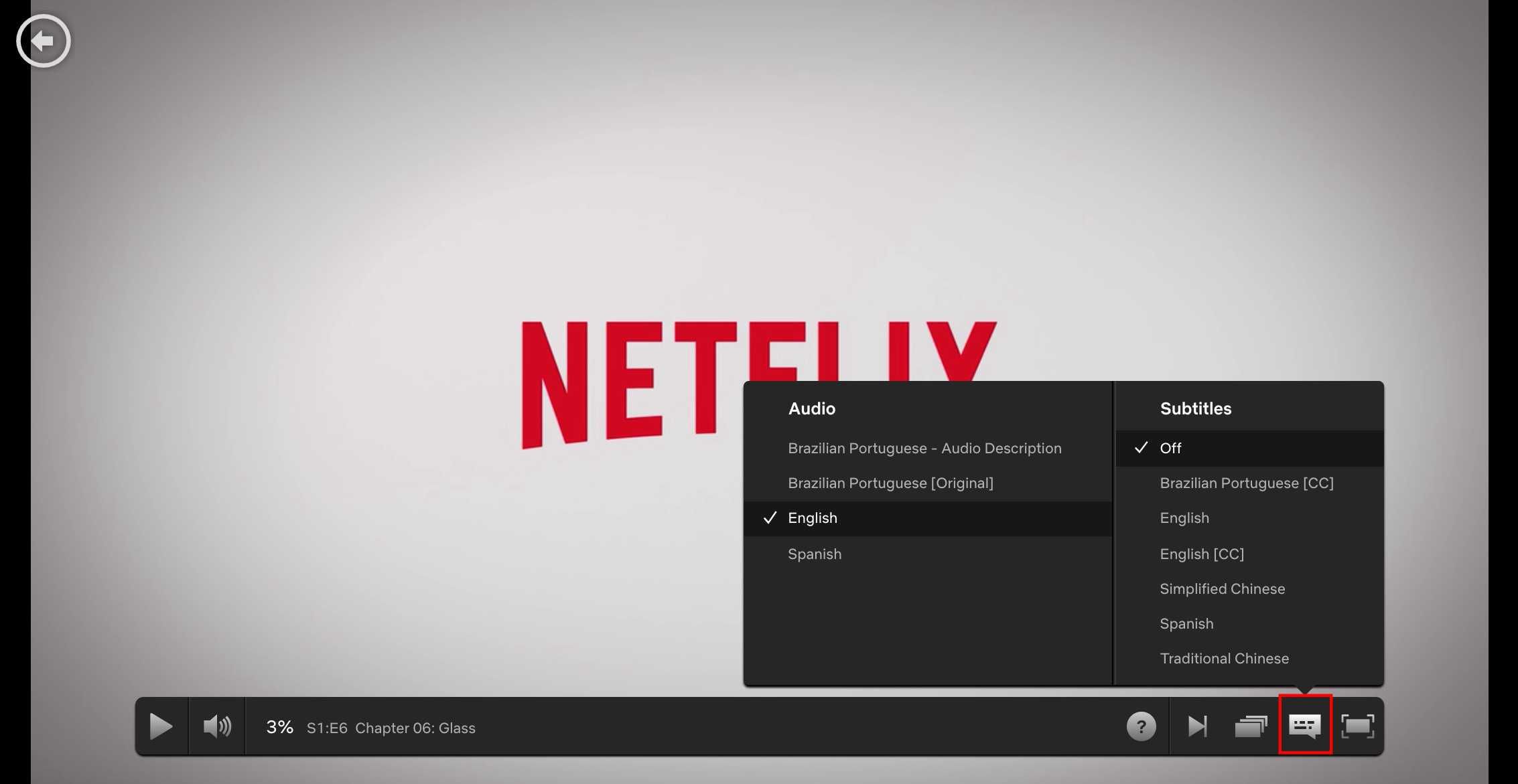 Параметры звука и субтитров накладываются на логотип Netflix.