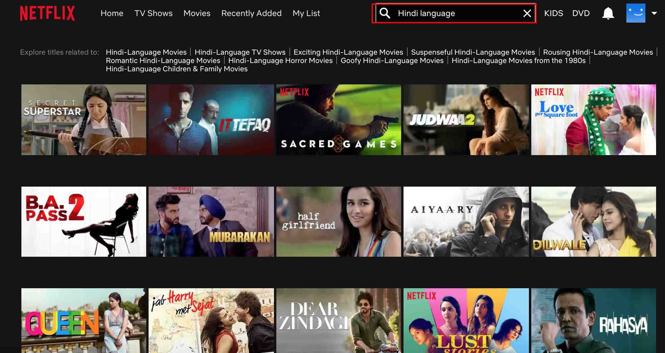 Netflix's search function shows multiple movies and shows.