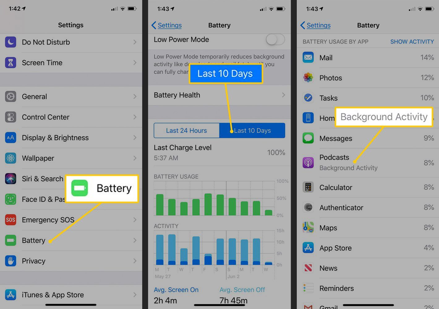 Батарея, последние 10 дней, статус фоновой активности в настройках iOS