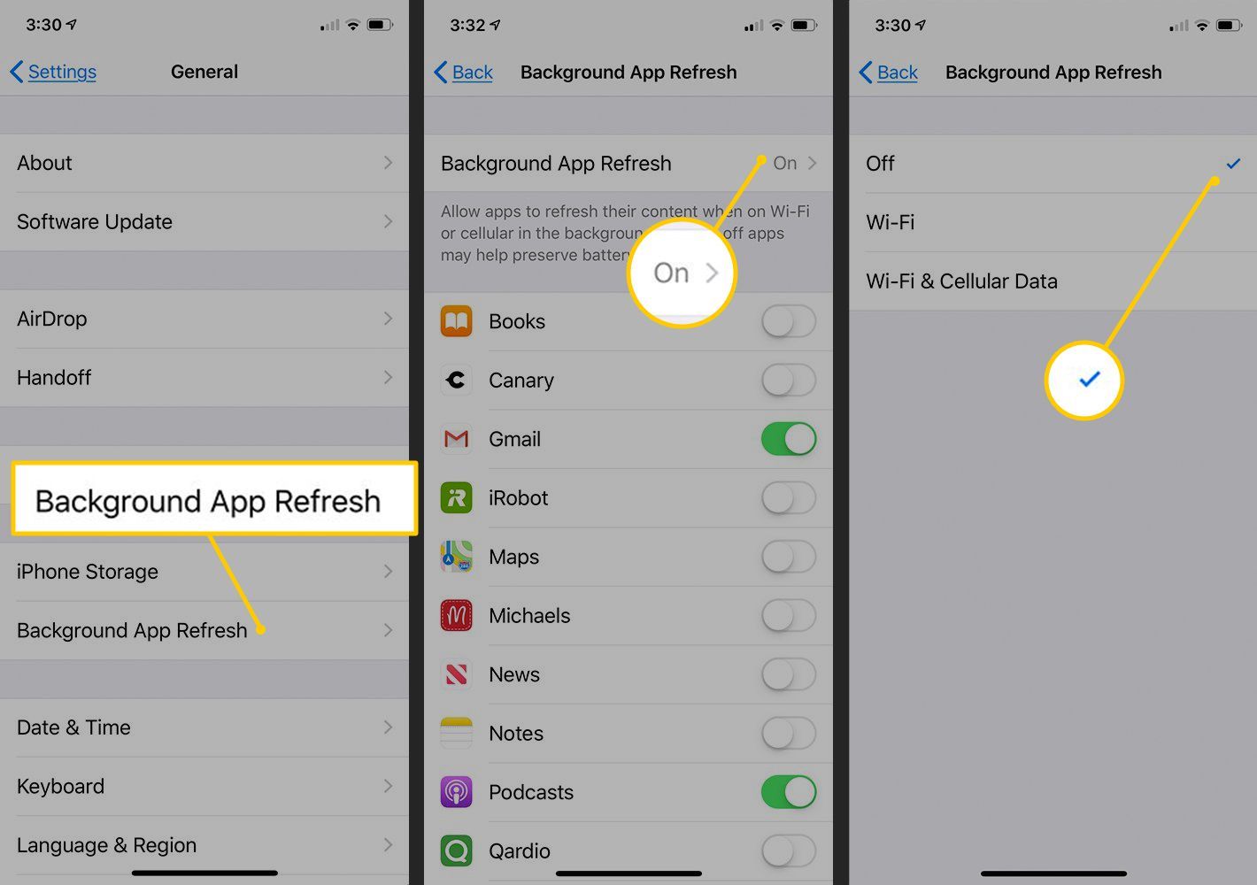 Обновление, включение, выключение фонового приложения в настройках iOS